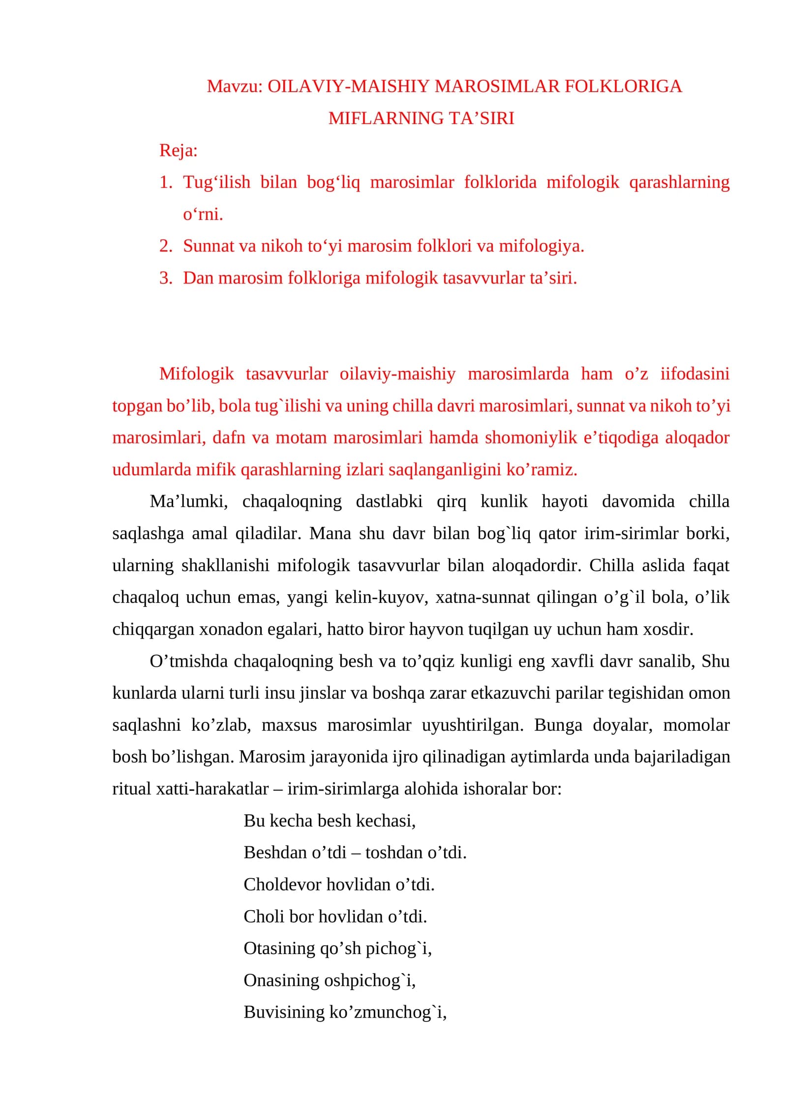 OILAVIY-MAISHIY MAROSIMLAR FOLKLORIGA MIFLARNING TA’SIRI