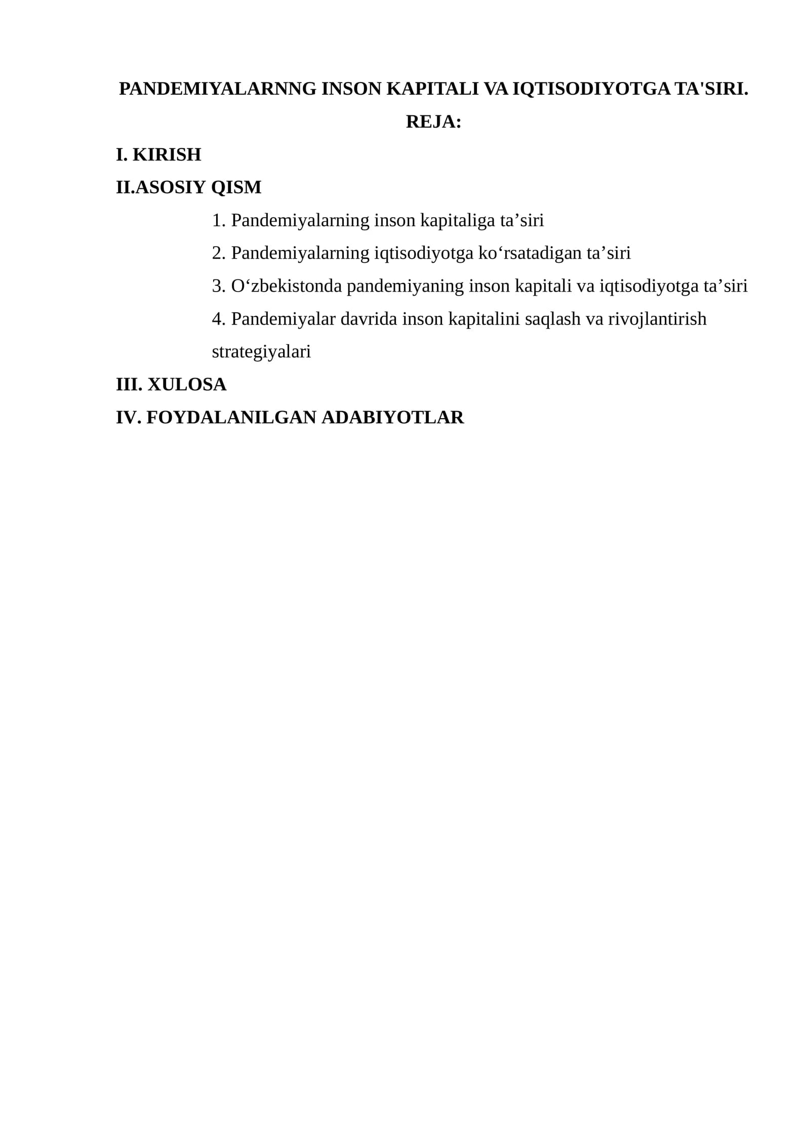 PANDEMIYALARNNG INSON KAPITALI VA IQTISODIYOTGA TA'SIRI