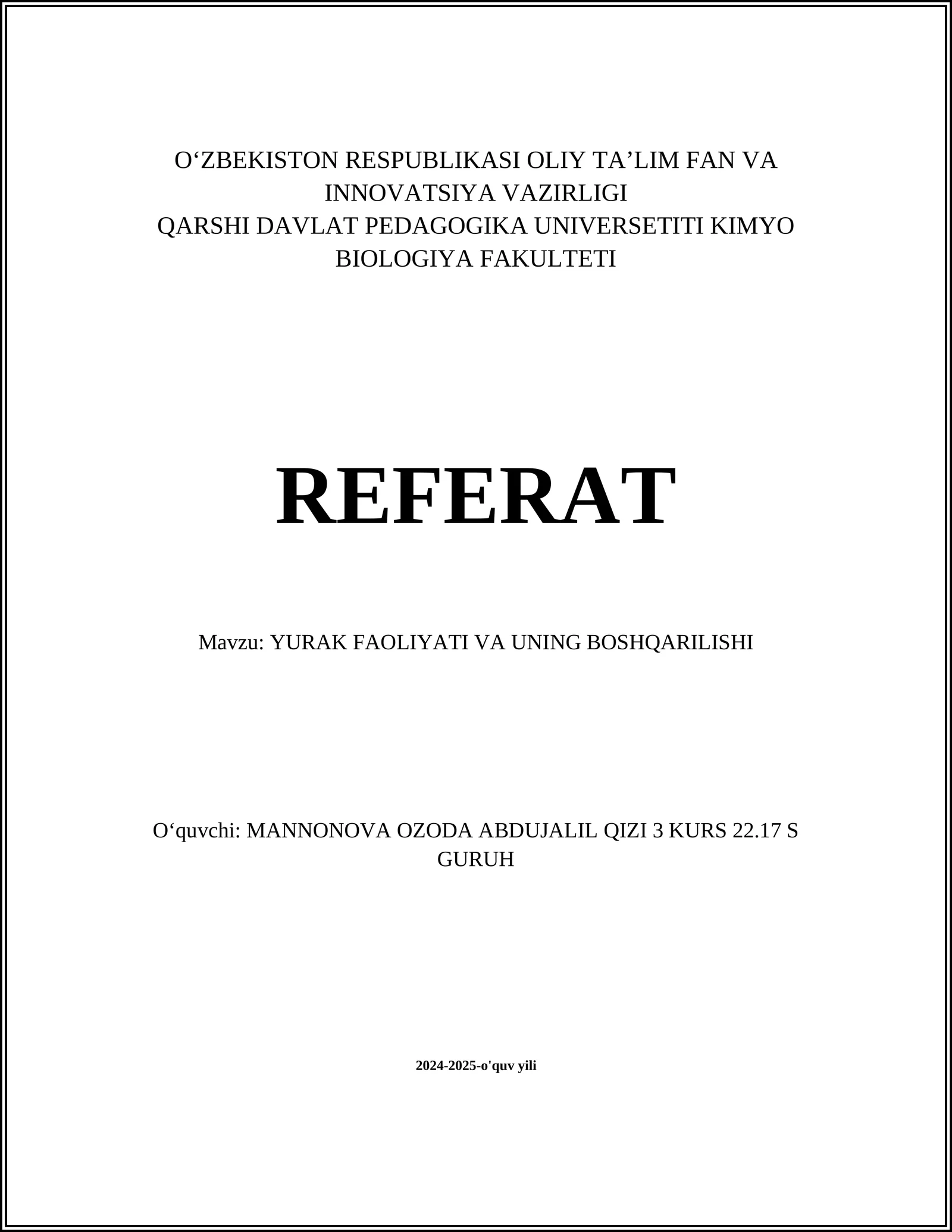 YURAK FAOLIYATI VA UNING BOSHQARILISHI