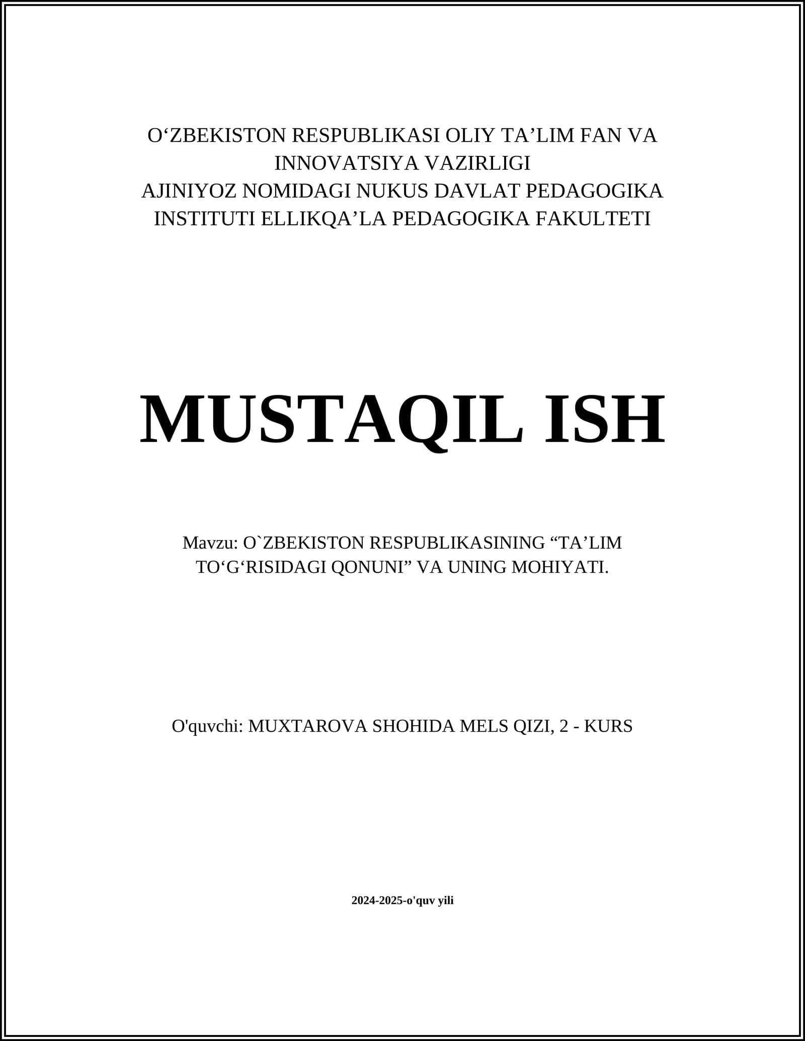 Ta'lim to'g'risidagi qonun va uning mohiyati