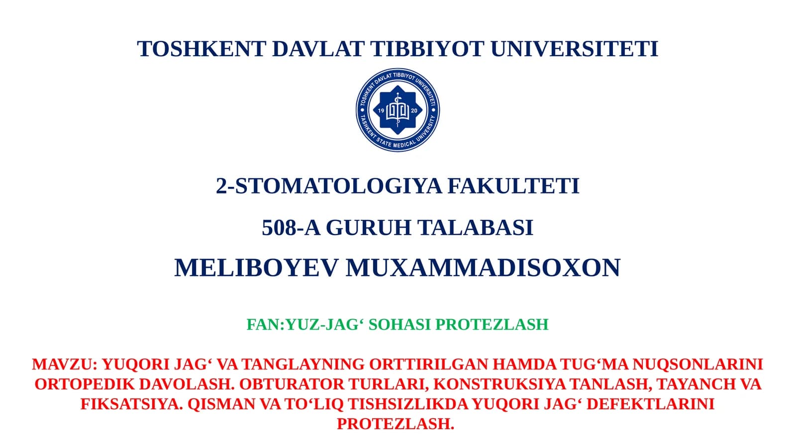 Yuqori Jag' va Tanglayning Ortirilgan Hamda Tug'ma Nuqsonlarini Ortopedik Davolash