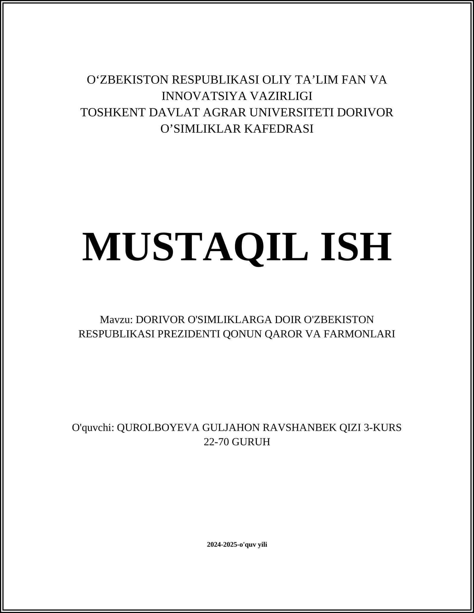 O'zbekiston Respublikasi Dorivor O'simliklar Qonuni
