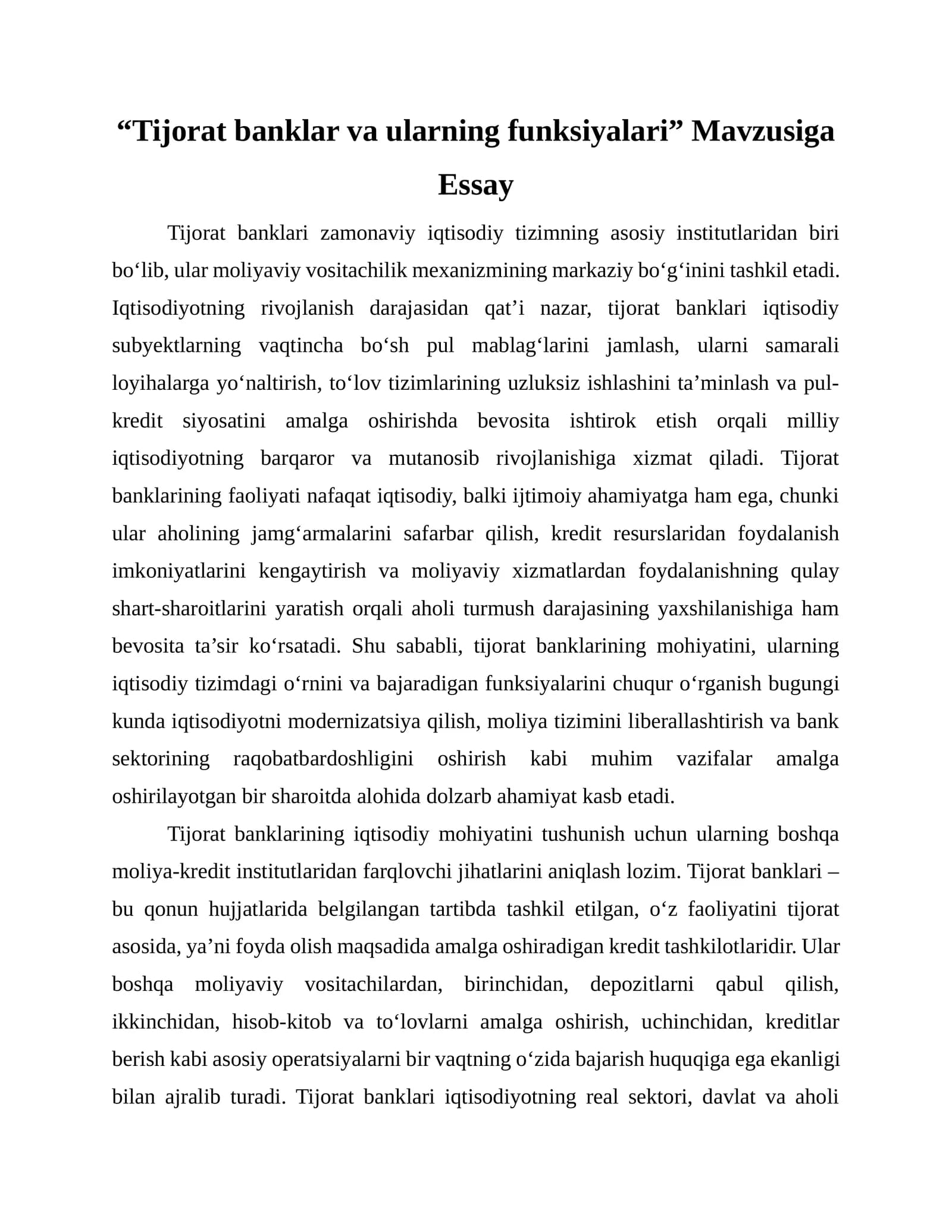 Tijorat banklar va ularning funksiyalari