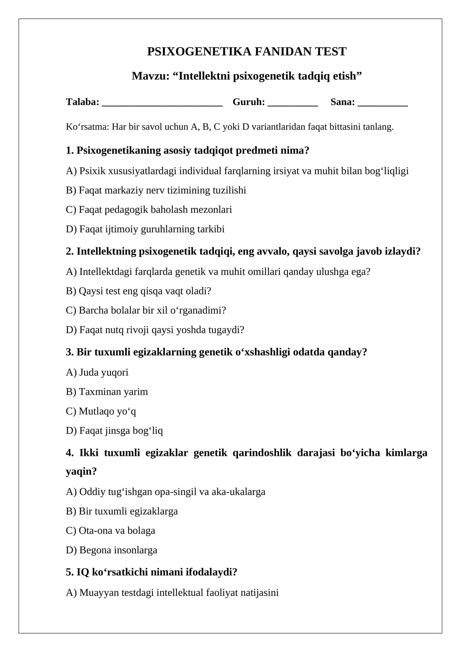 Intellektni psixogenetik tadqiq etish TEST