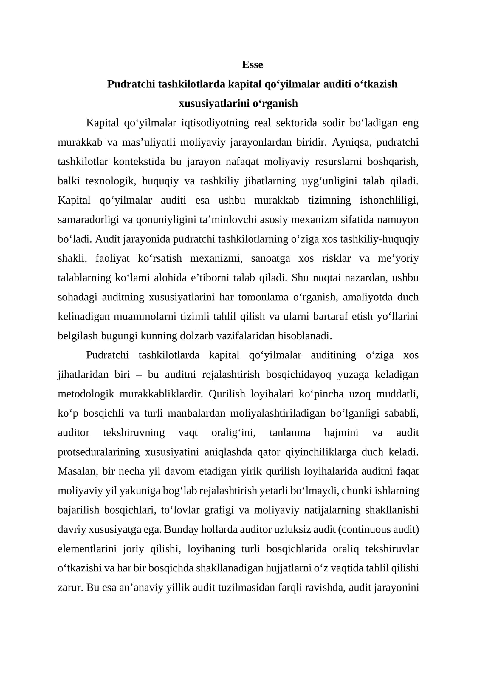 Pudratchi tashkilotlarda kapital qo‘yilmalar auditi o‘tkazish xususiyatlarini o‘rganish