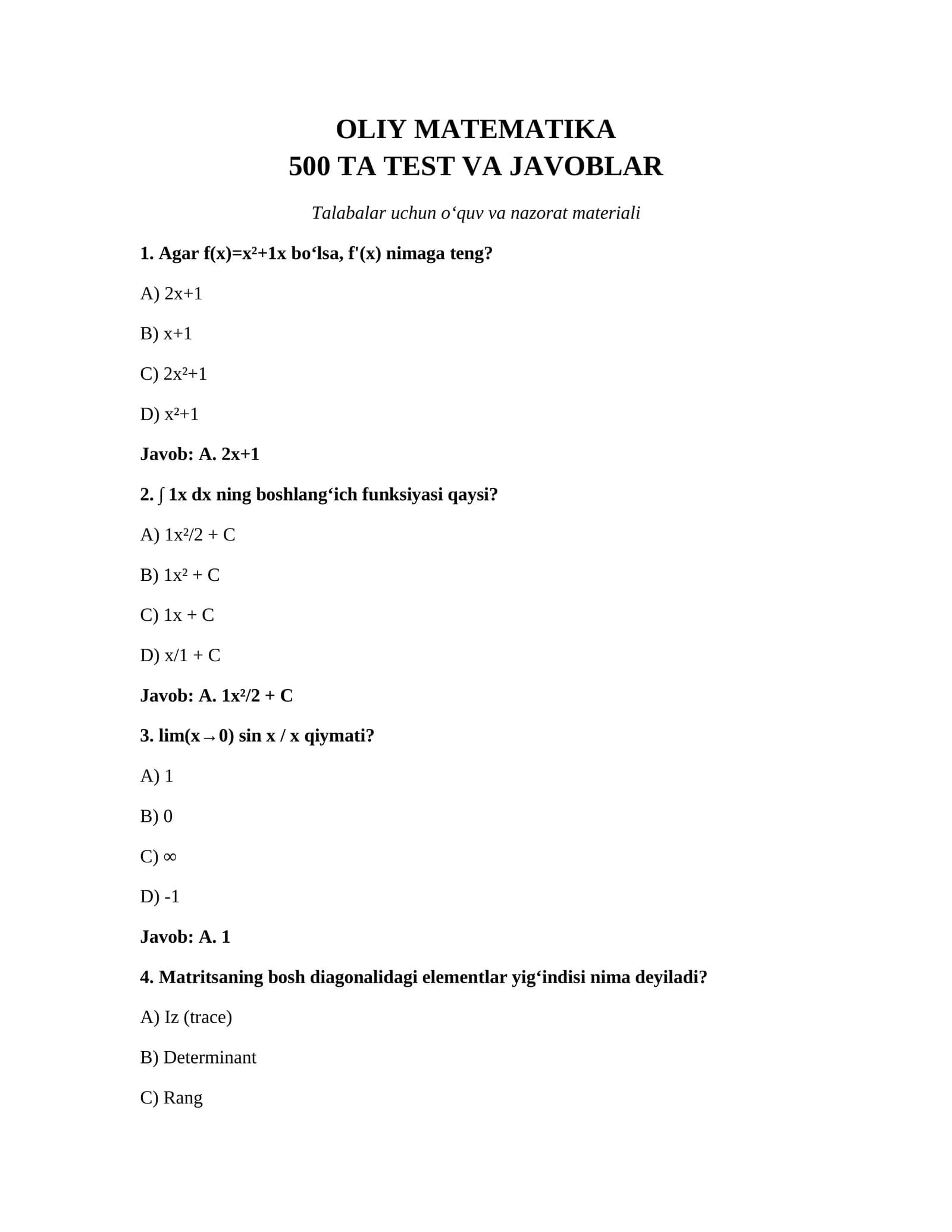 Oliy matematika testlar va javobi