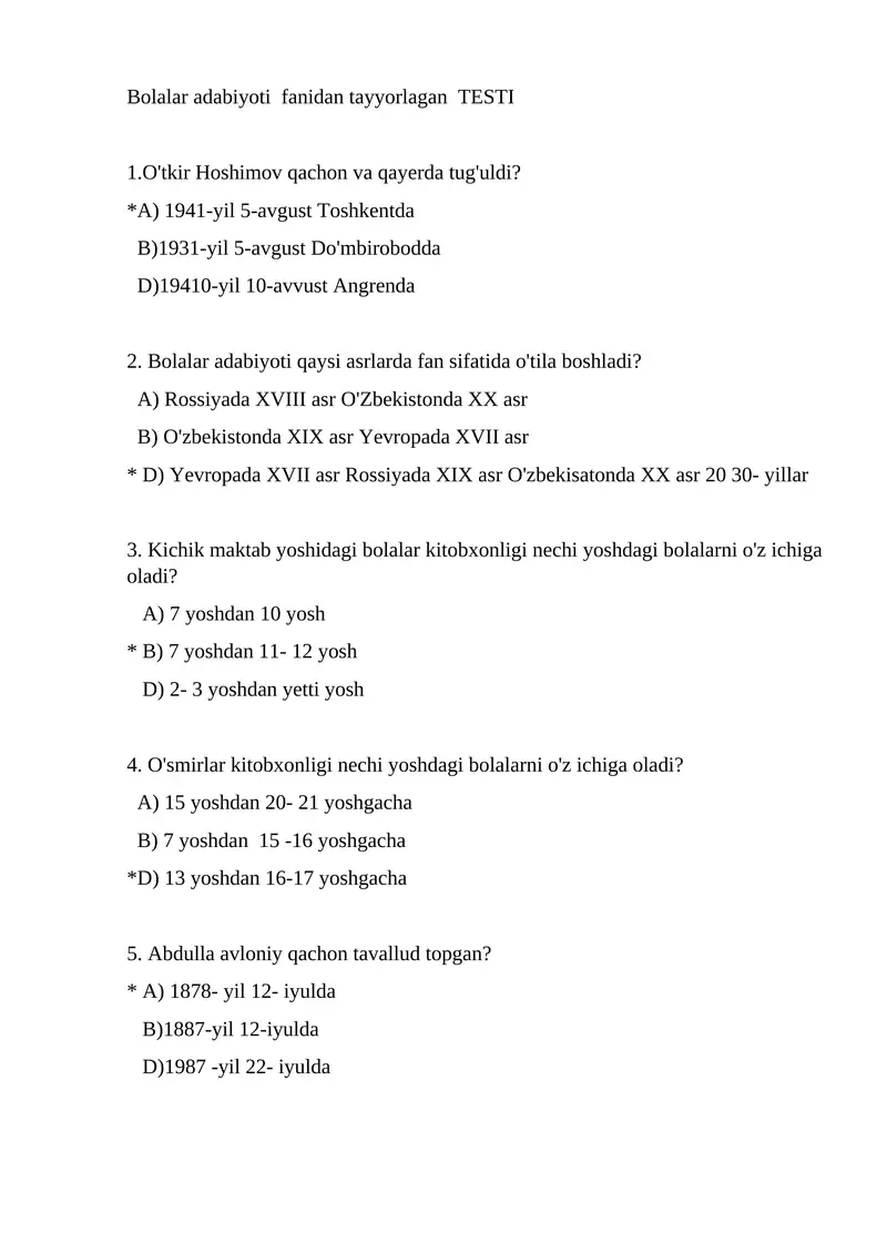 Bolalar adabiyoti  fanidan tayyorlagan  TESTI