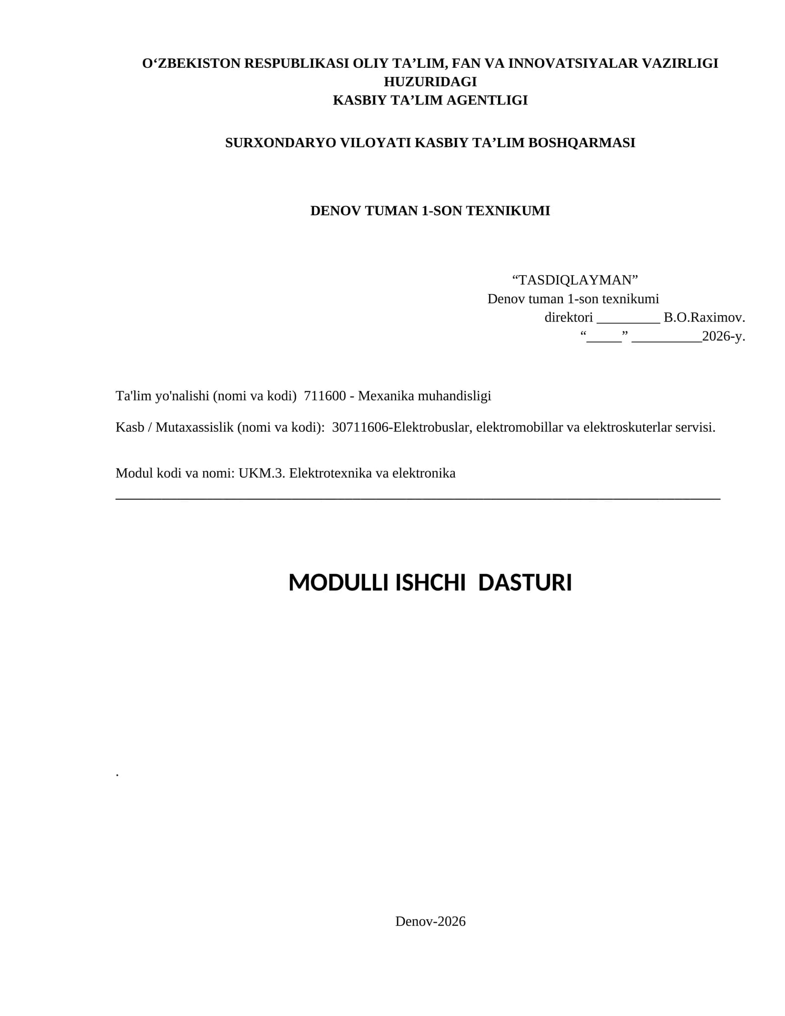 UKM.3. Elektrotexnika va elektronika MODULLI ISHCHI DASTURI