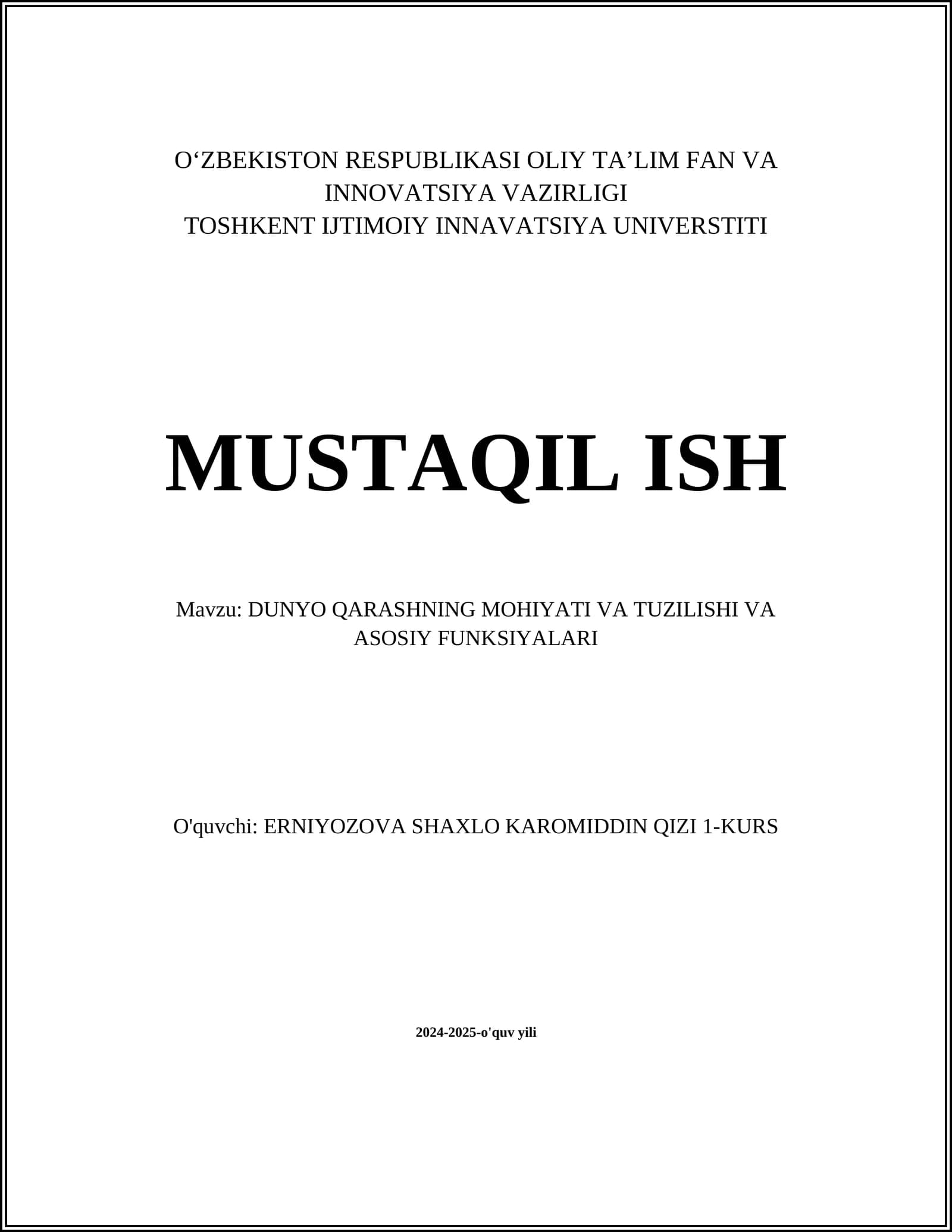 Dunyo Qarashning Mohiyati va Tuzilishi va Asosiy Funksiyalari