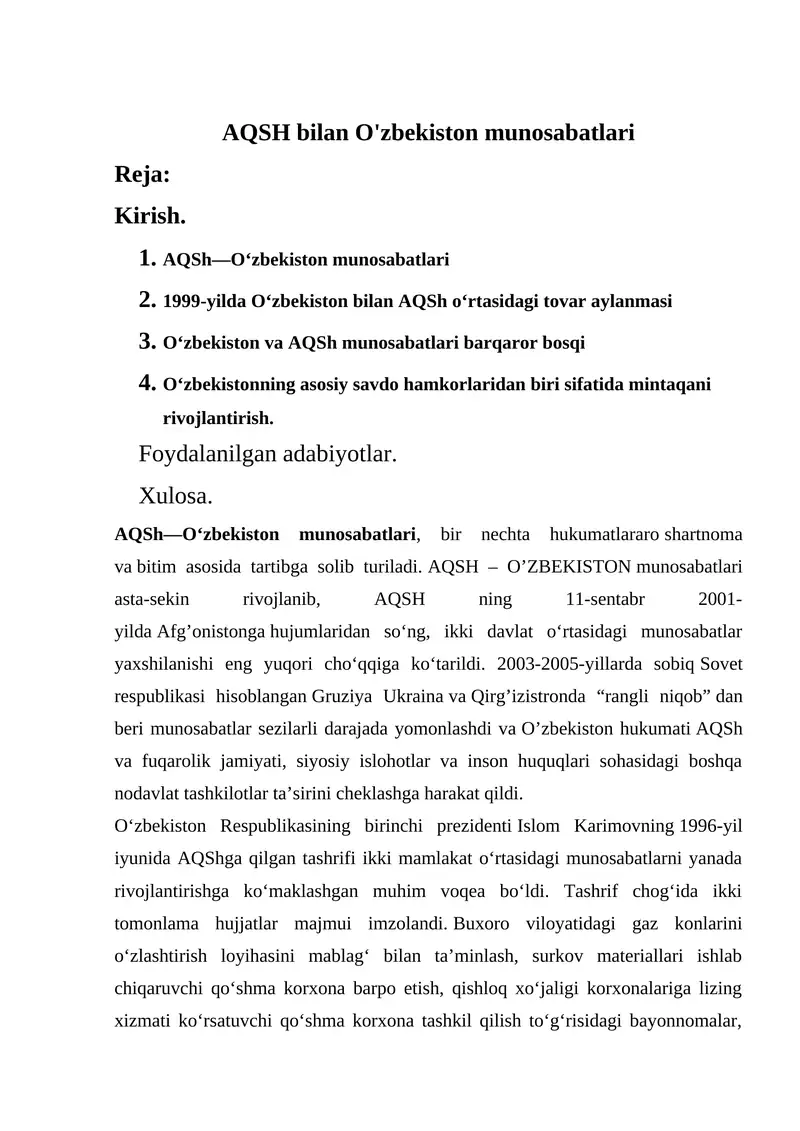 AQSH bilan O'zbekiston munosabatlari