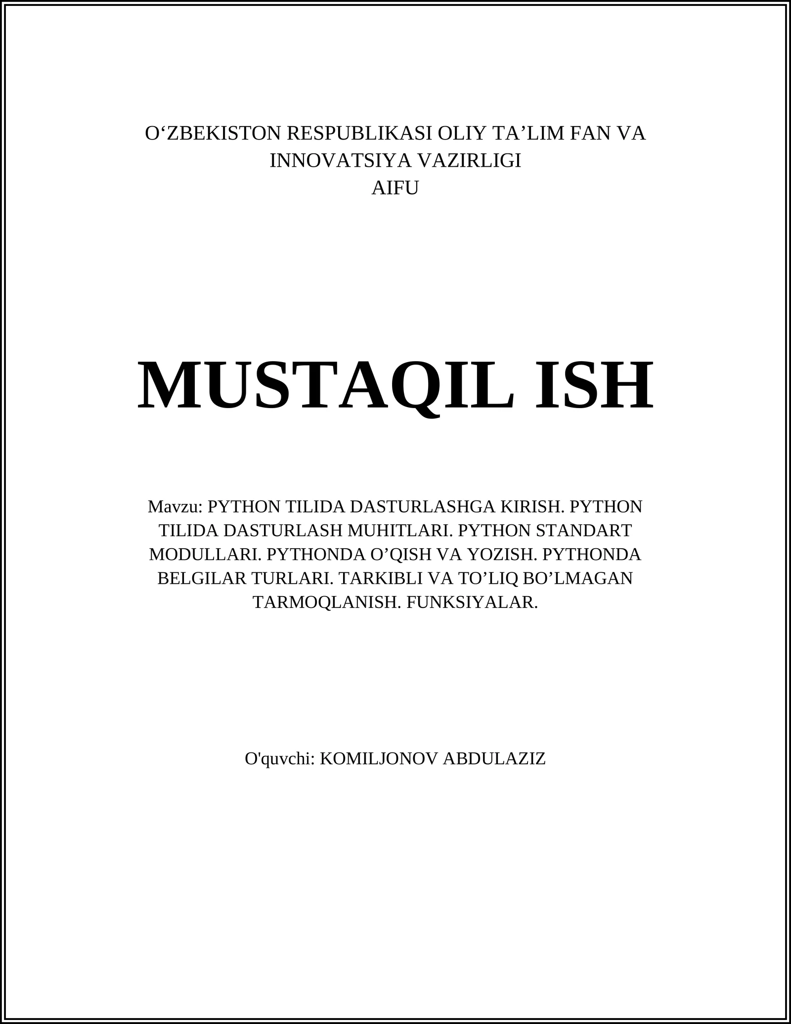 PYTHON TILIDA DASTURLASHGA KIRISH