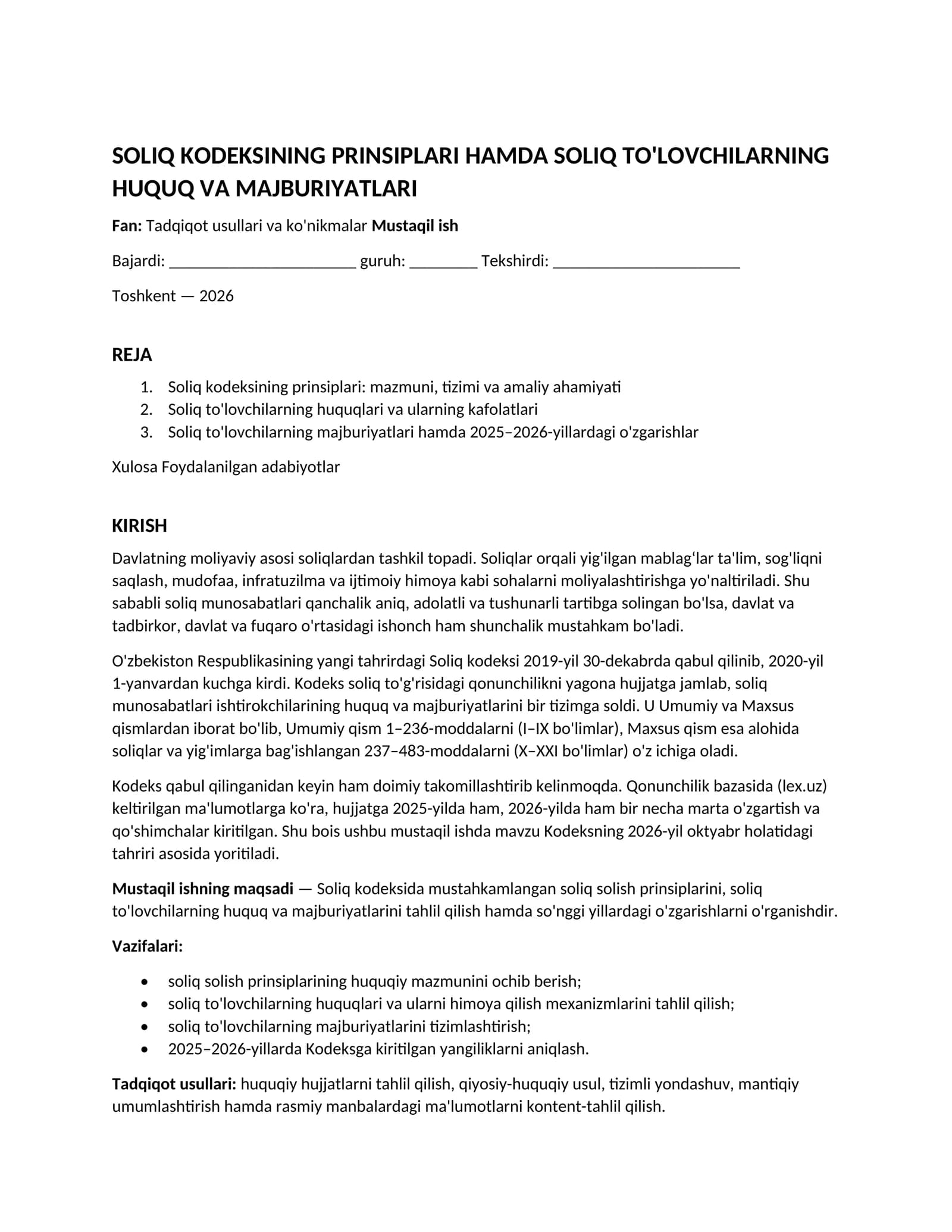 SOLIQ KODEKSINING PRINSIPLARI HAMDA SOLIQ TO'LOVCHILARNING HUQUQ VA MAJBURIYATLARI