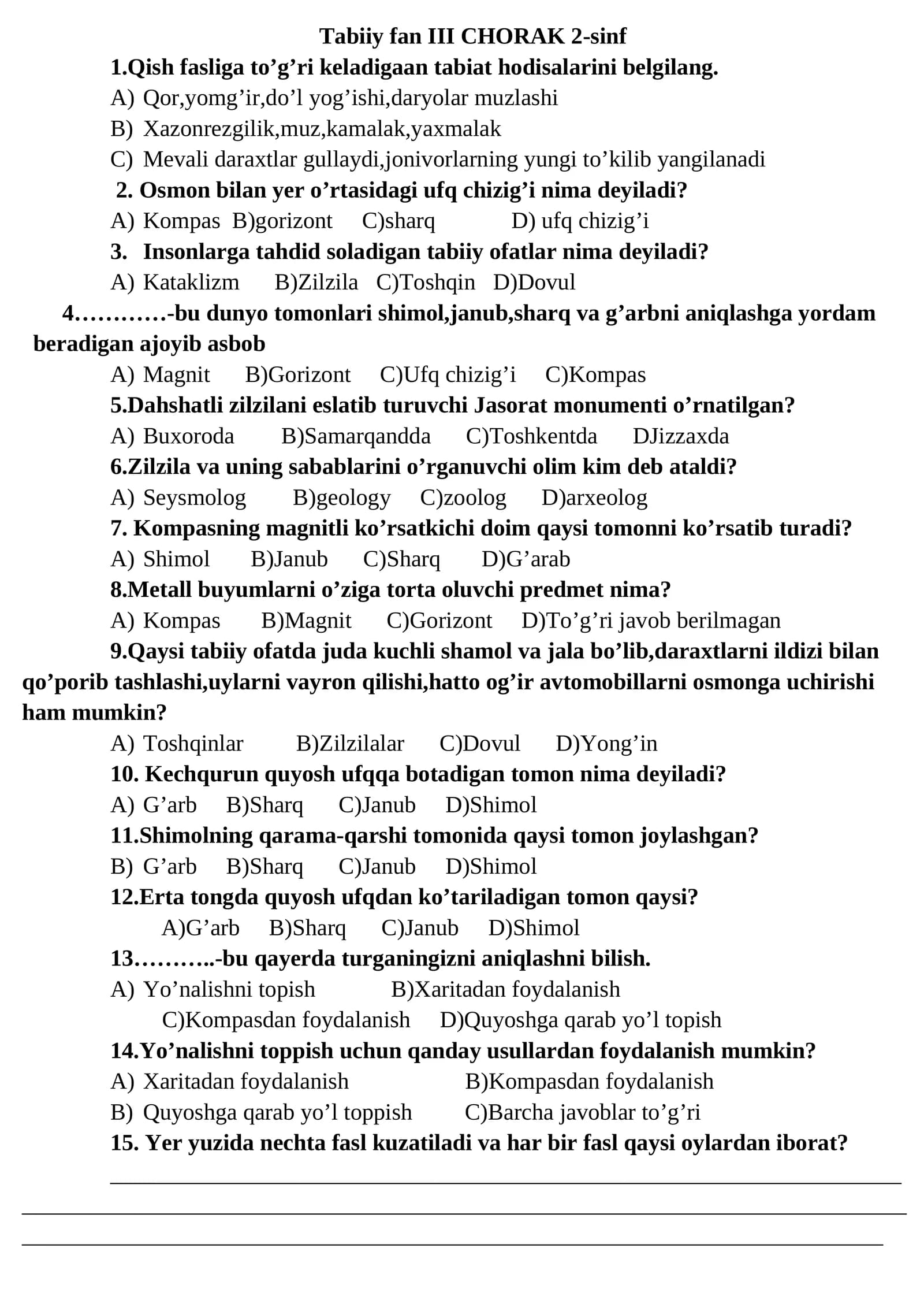 Tabiiy fan III CHORAK 2-sinf