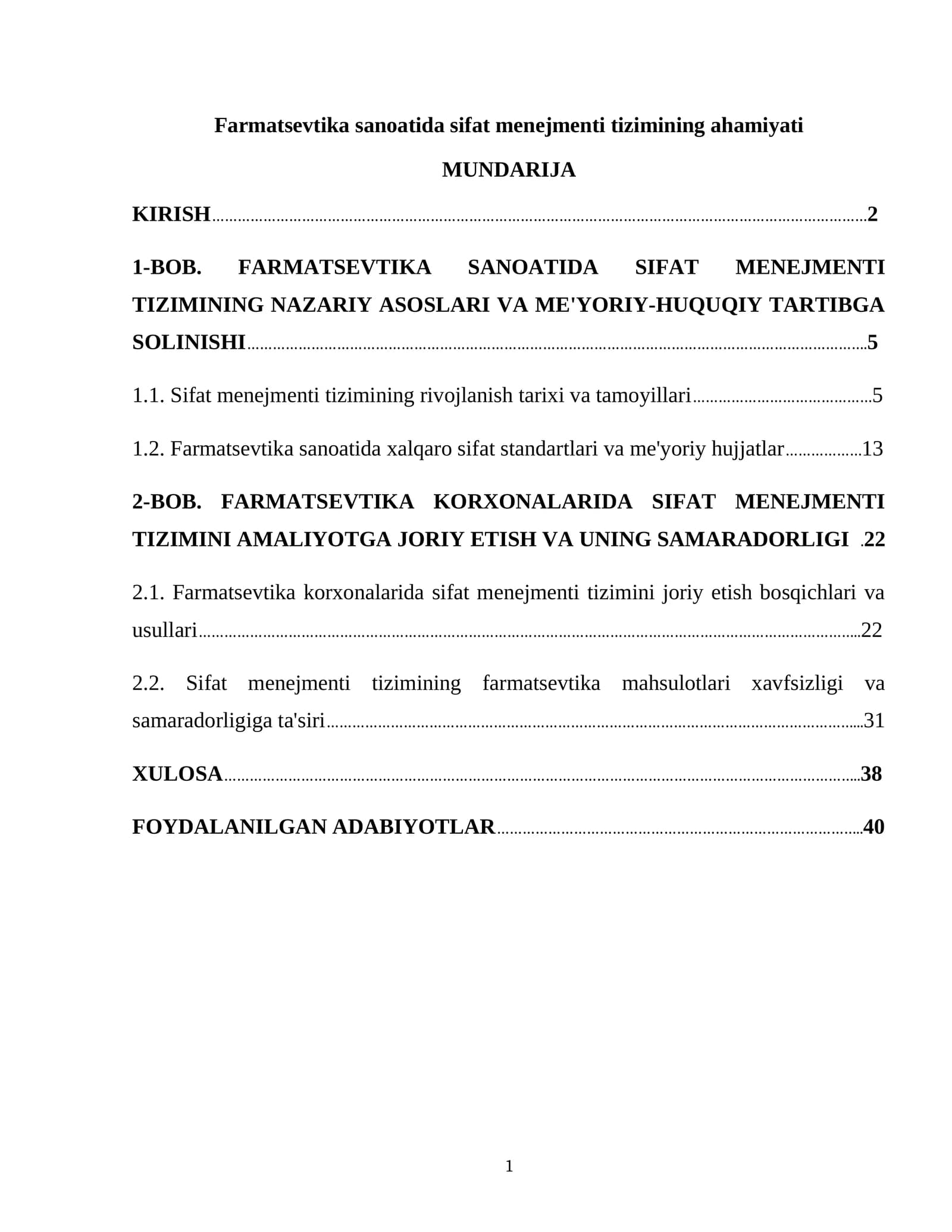 Farmatsevtika sanoatida sifat menejmenti tizimining ahamiyati