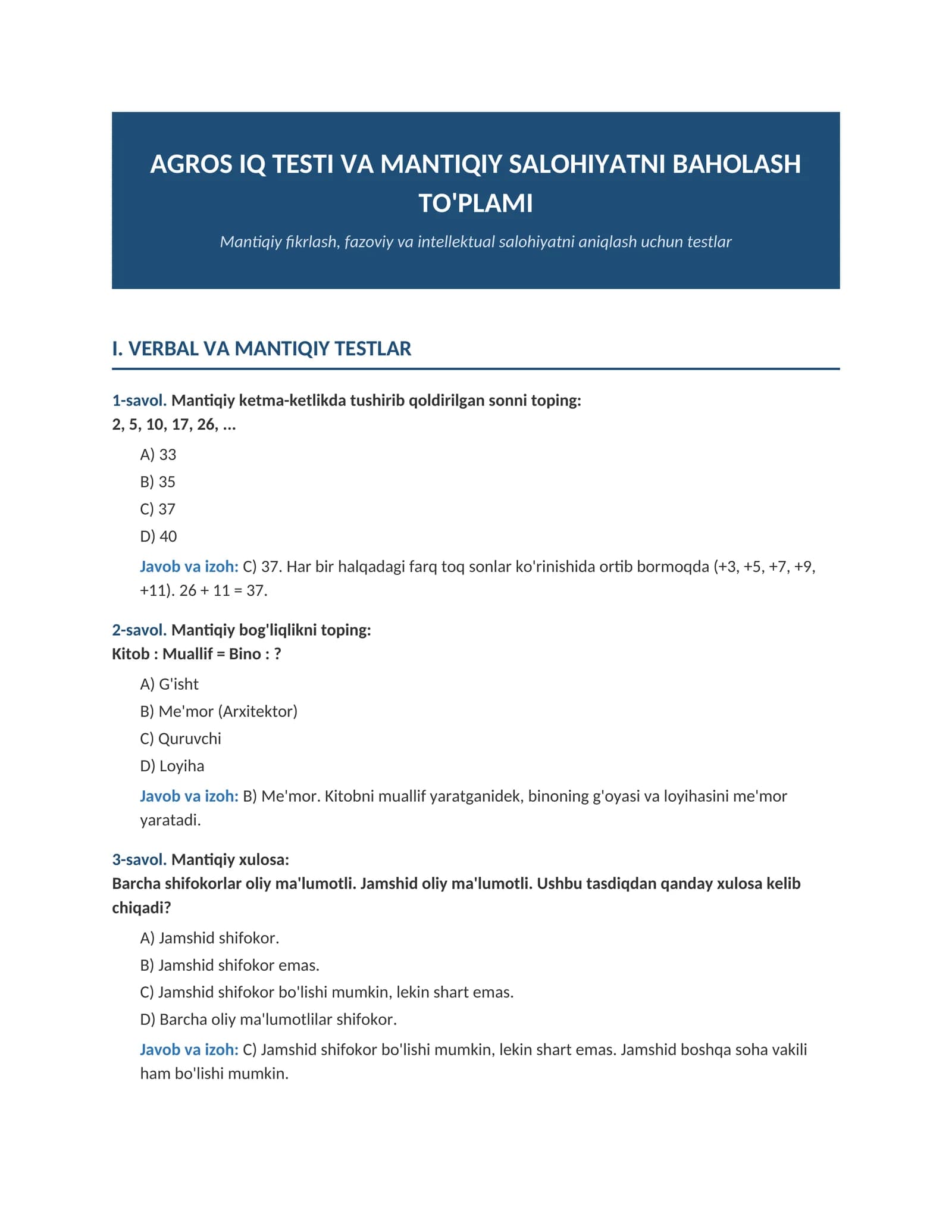 Agros IQ testi — Mantiqiy va intellektual salohiyatni baholash to'plami