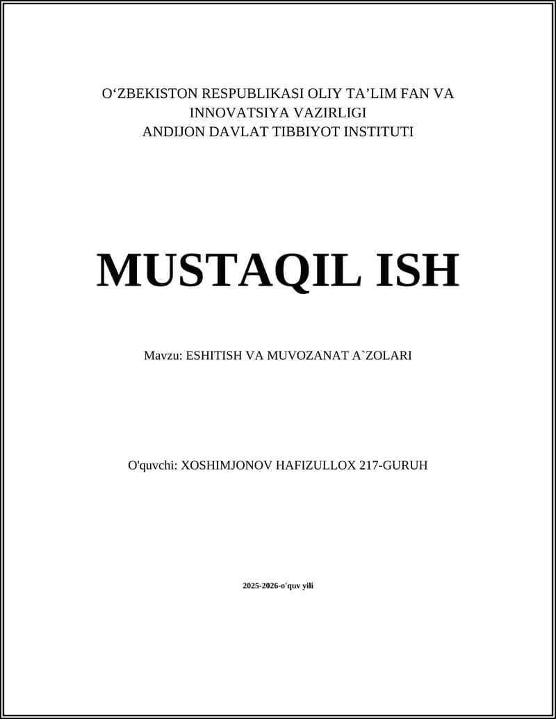 ESHITISH VA MUVOZANAT A`ZOLARI