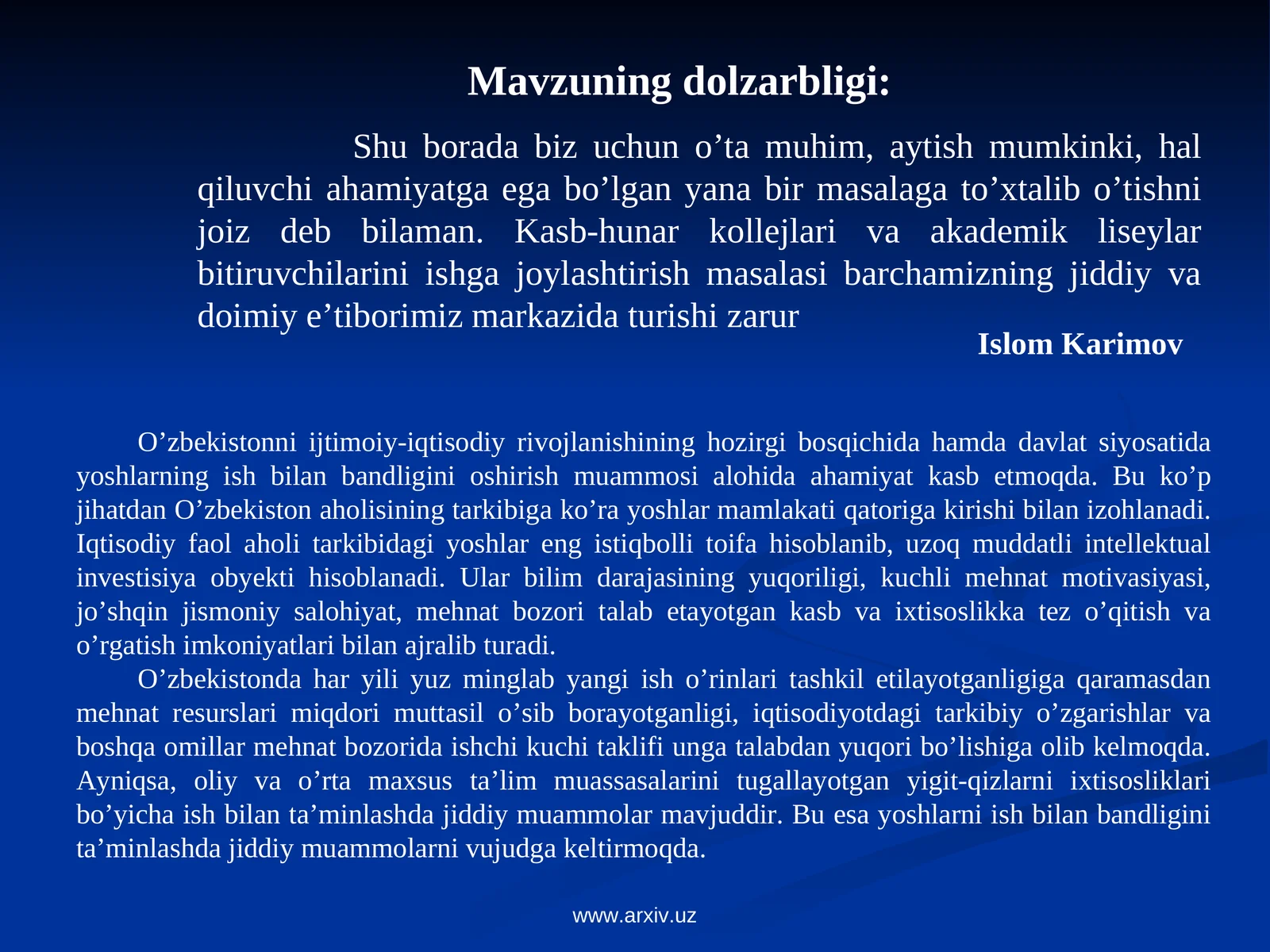 Kasb-hunar kollejlari va akademik litseylar bitiruvchilarini ishga joylashtirish