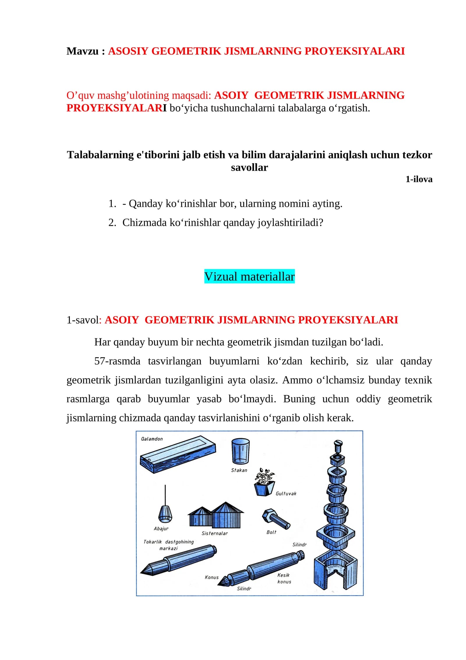 ASOSIY GEOMETRIK JISMLARNING PROYEKSIYALARI.doc