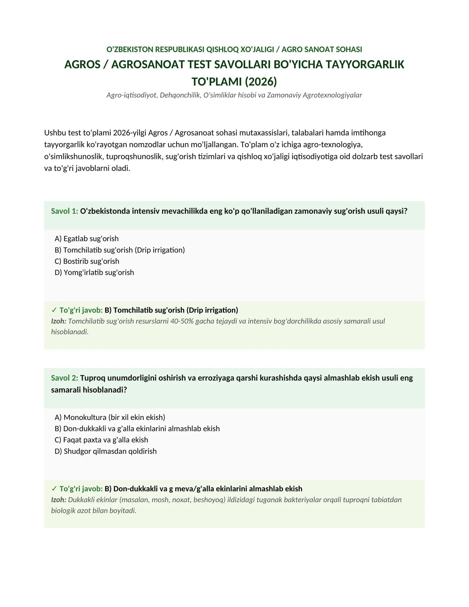 Agros / Agrosanoat sohasi bo'yicha test savollari va to'liq javoblar to'plami