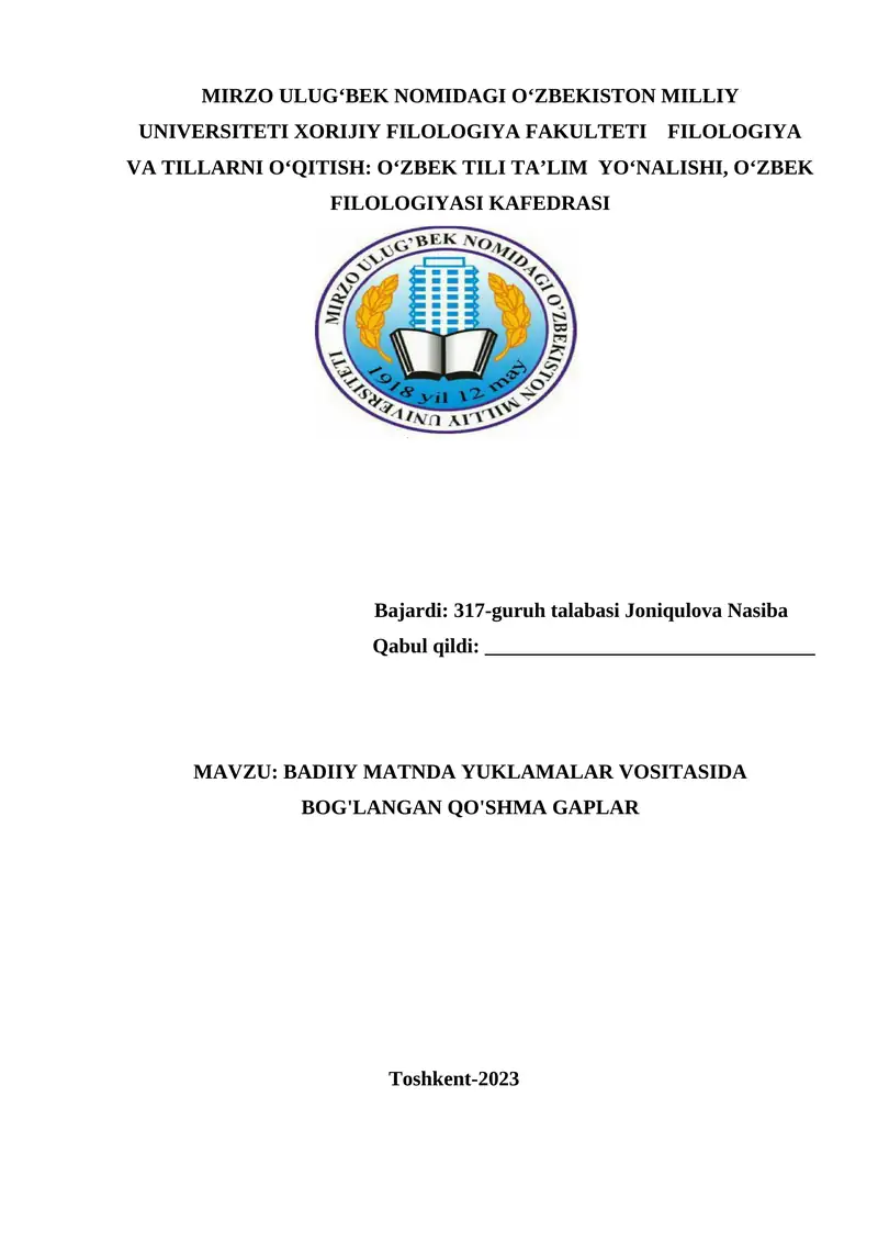 BADIIY MATNDA YUKLAMALAR VOSITASIDA BOG'LANGAN QO'SHMA GAPLAR