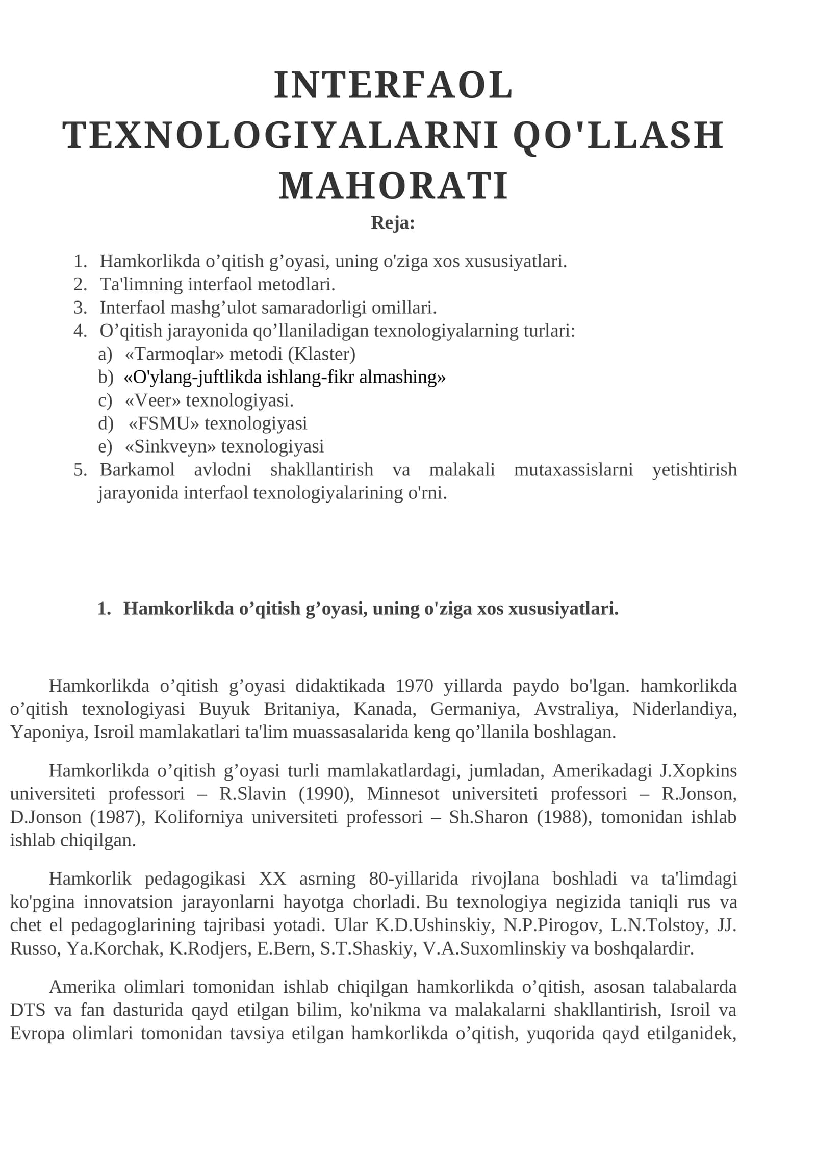 INTERFAOL TEXNOLOGIYALARNI QO'LLASH MAHORATI