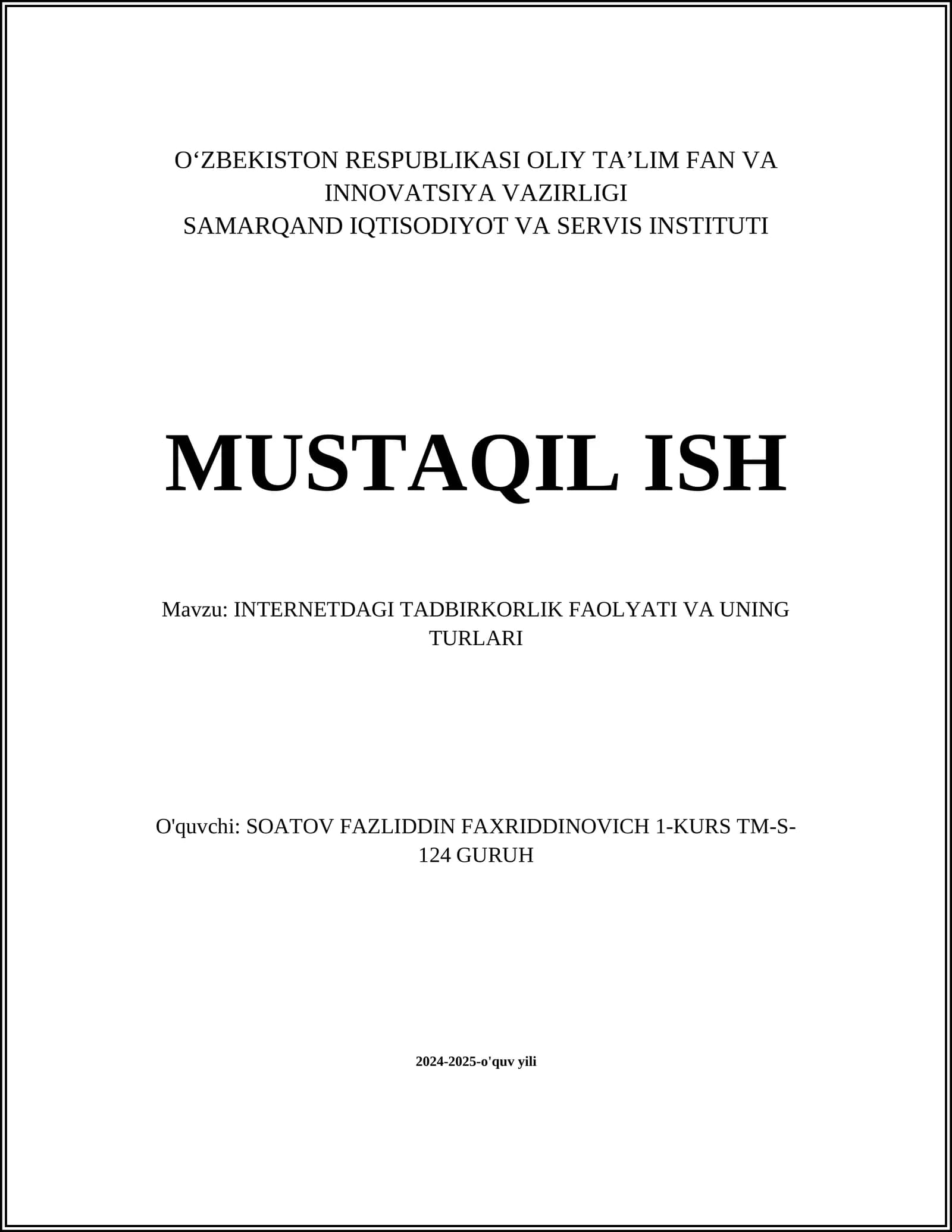 INTERNETDAGI TADBIRKORLIK FAOLYATI VA UNING TURLARI