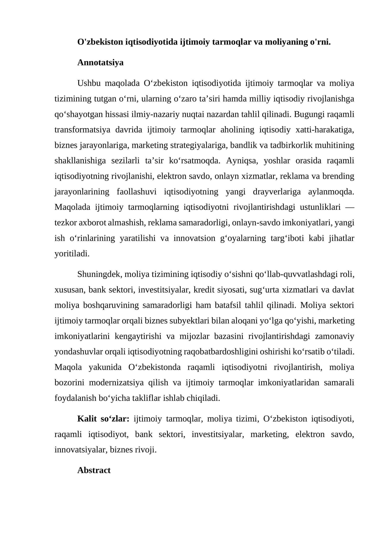 O'zbekiston iqtisodiyotida ijtimoiy tarmoqlar va moliyaning o'rni
