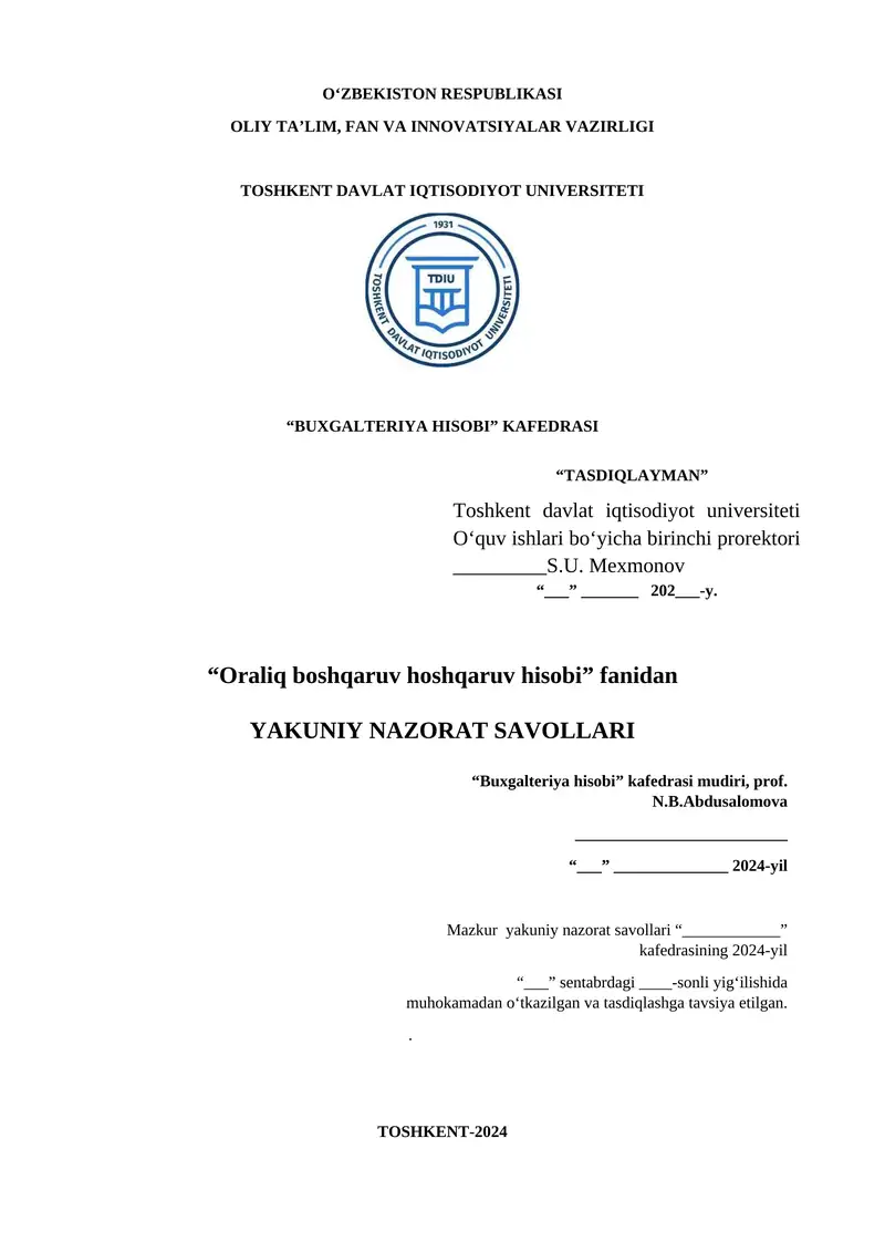 Oraliq boshqaruv hisobi testlar