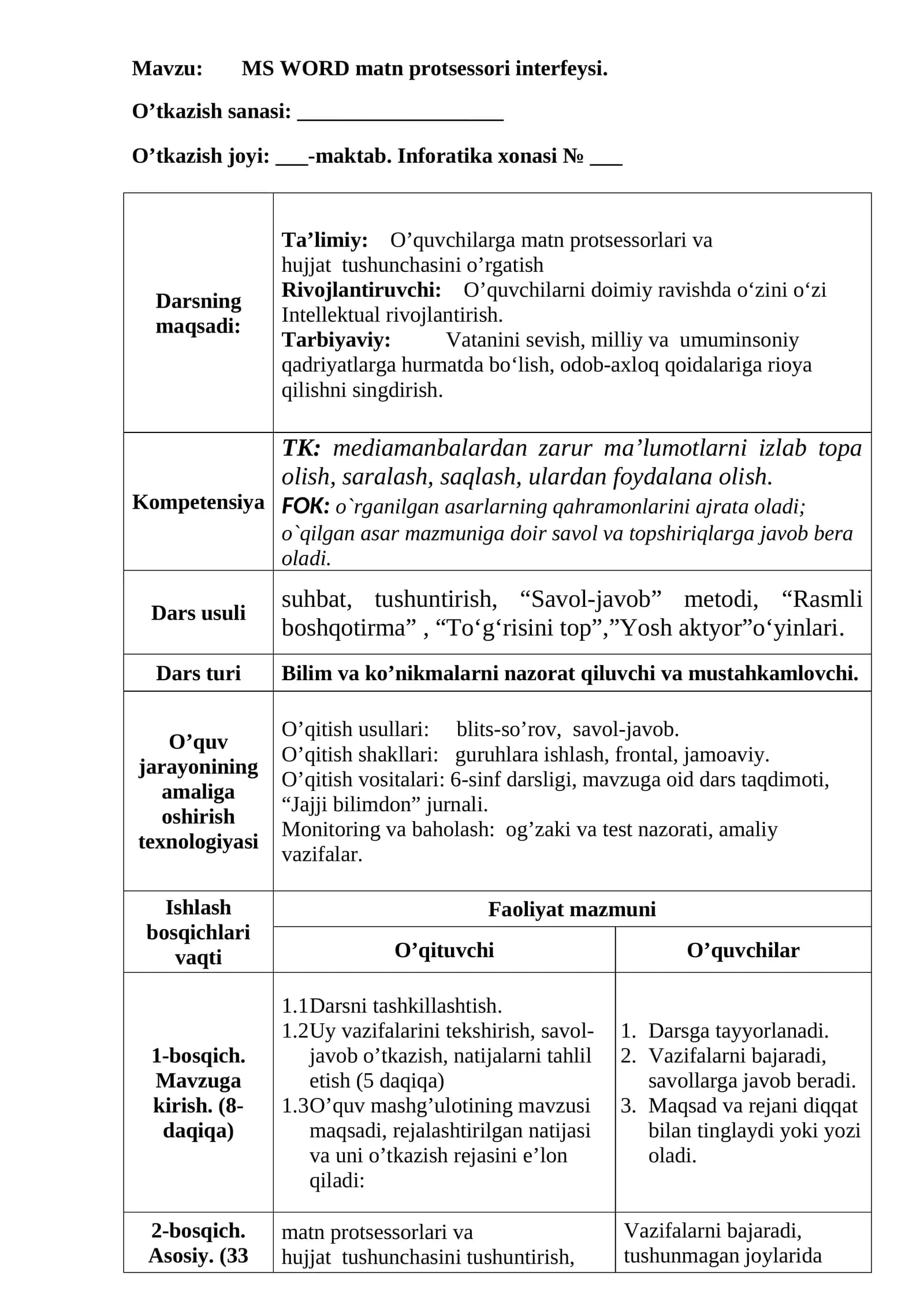 MS WORD matn protsessori interfeysi