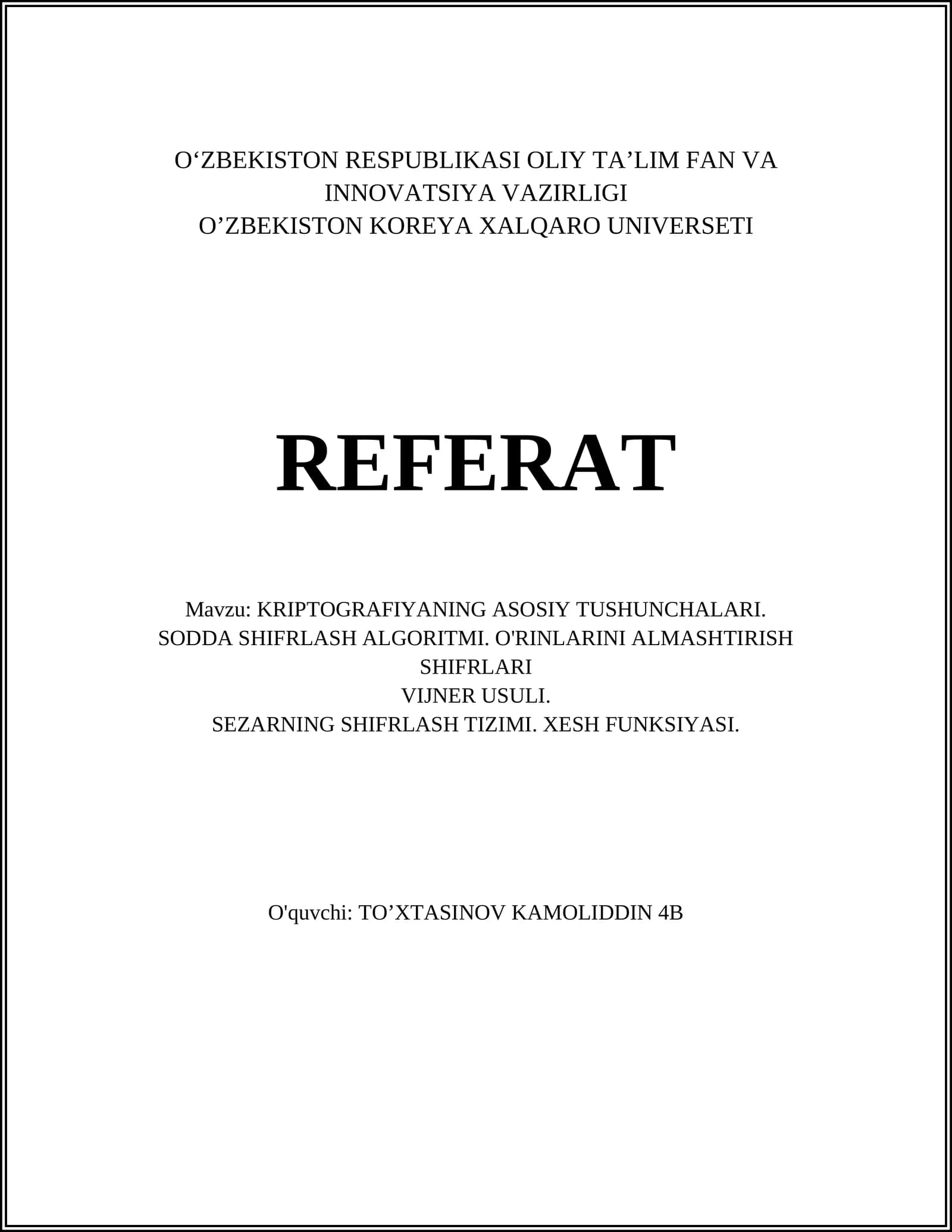 KRIPTOGRAFIYANING ASOSIY TUSHUNCHALARI