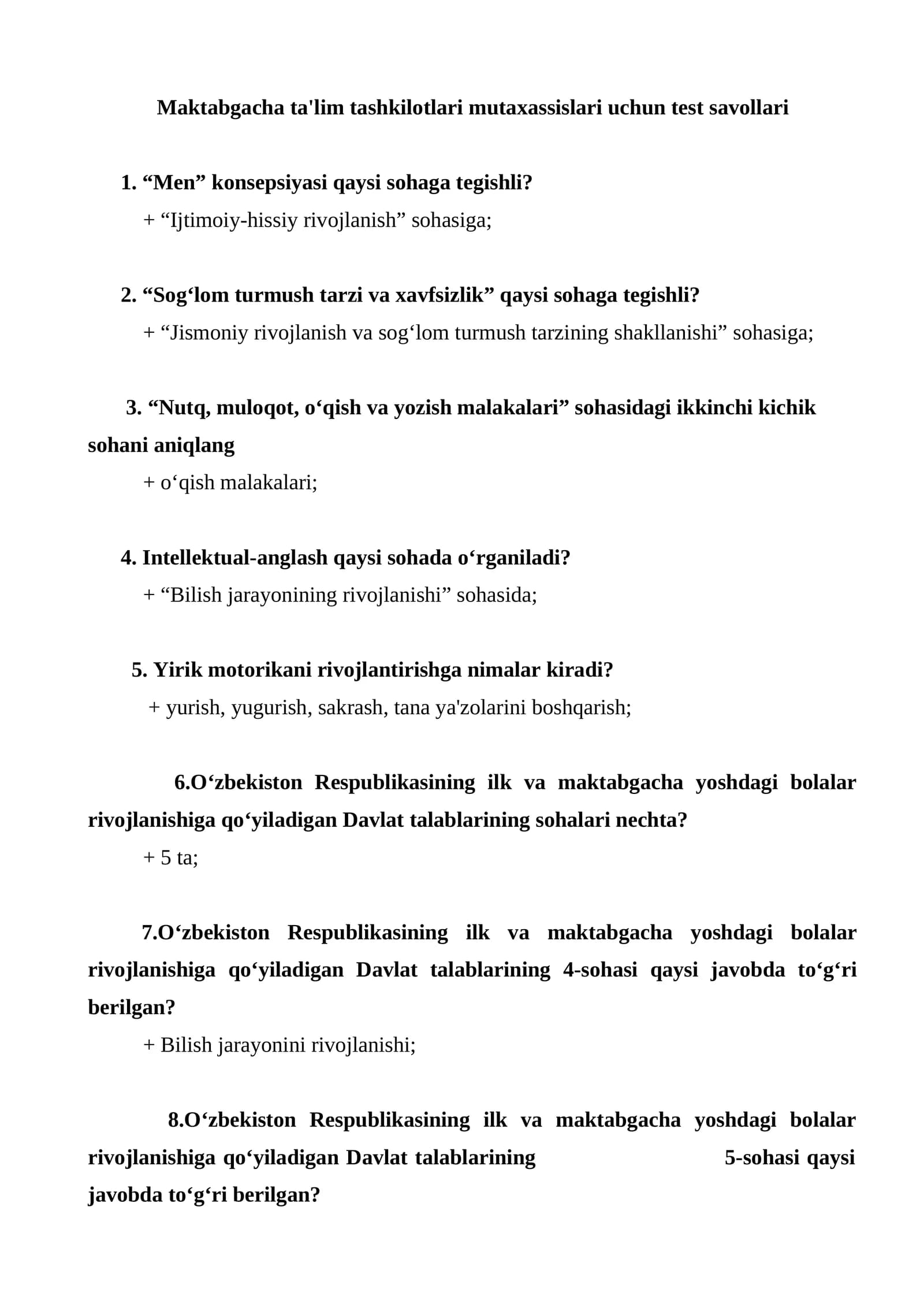Maktabgacha ta’lim attestatsiyasi uchun 200 ta test javoblari bilan