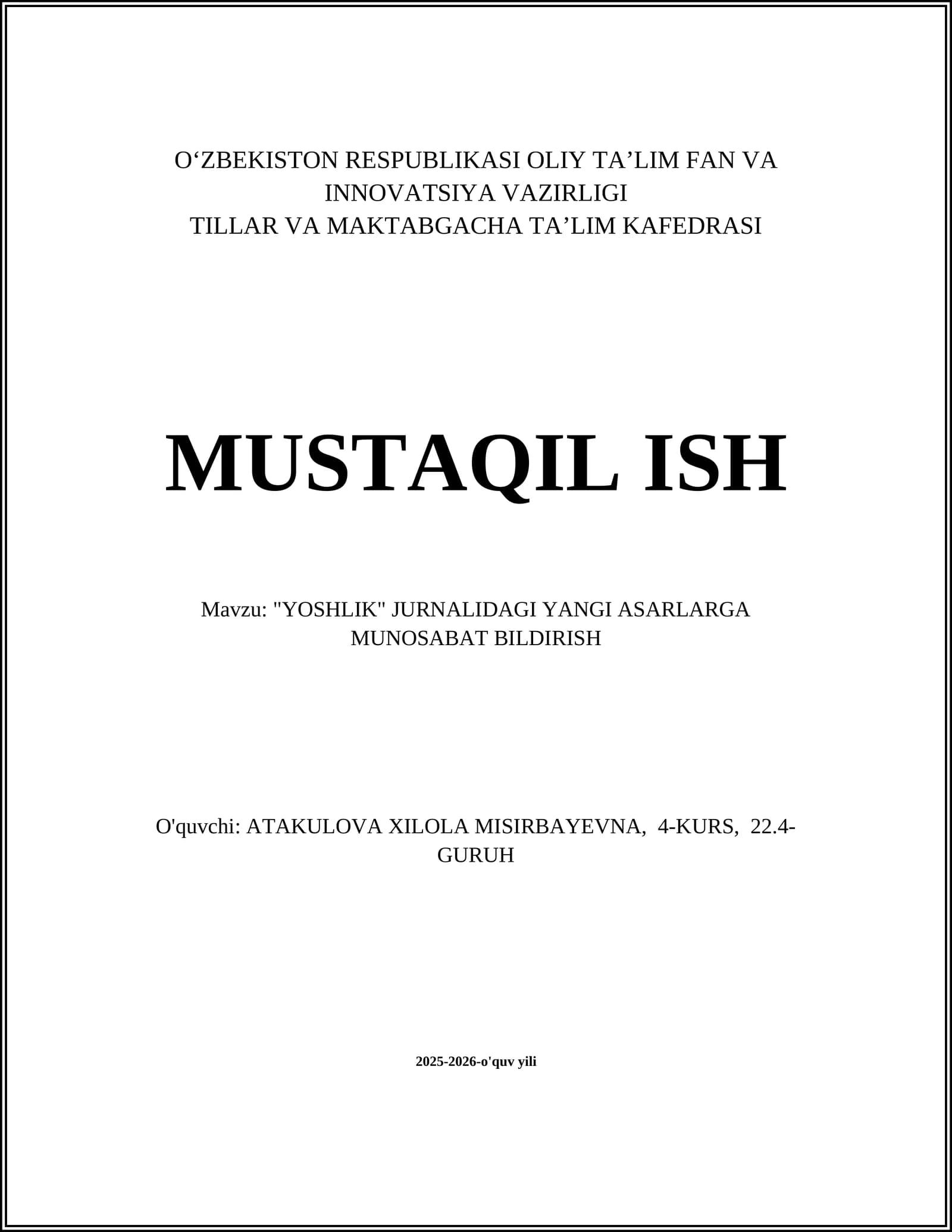 "YOSHLIK" JURNALIDAGI YANGI ASARLARGA MUNOSABAT BILDIRISH