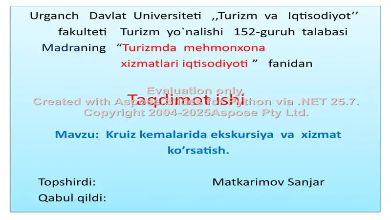 Kruiz kemalarida ekskursiya  va  xizmat ko’rsatish.