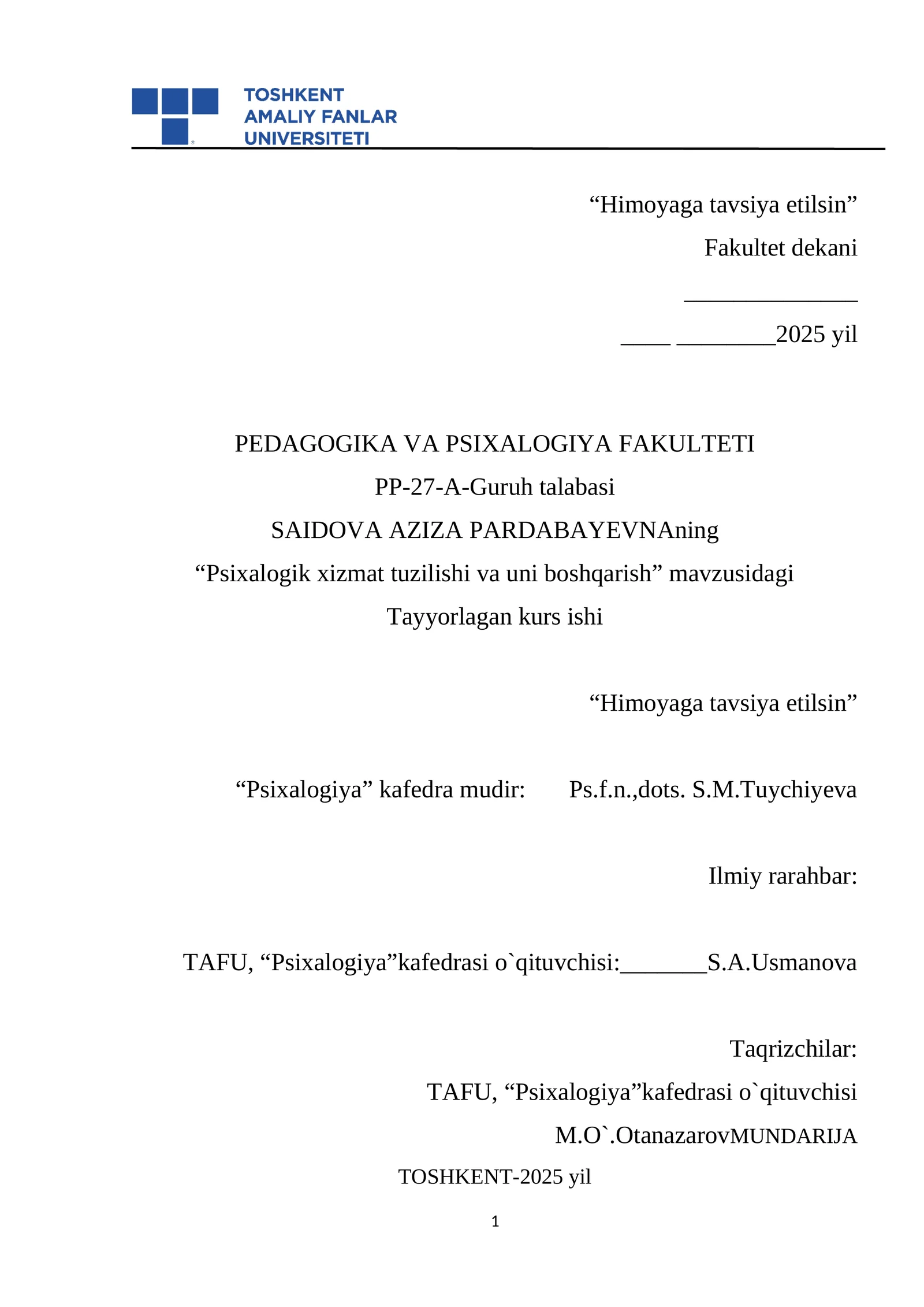 Psixalogik xizmat tuzilishi va uni boshqarish