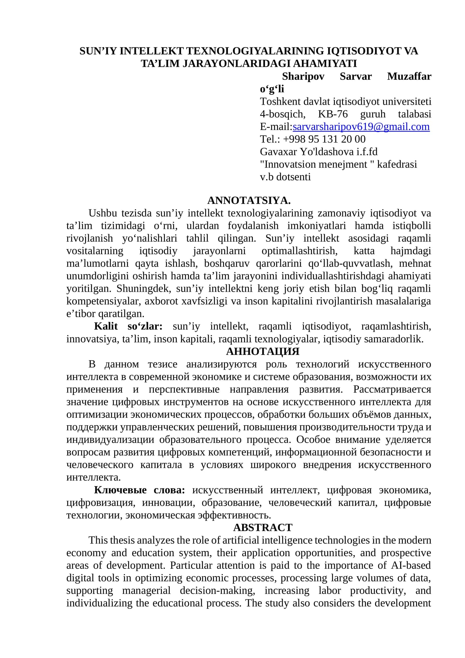 SUN’IY INTELLEKT TEXNOLOGIYALARINING IQTISODIYOT VA TA’LIM JARAYONLARIDAGI AHAMIYATI