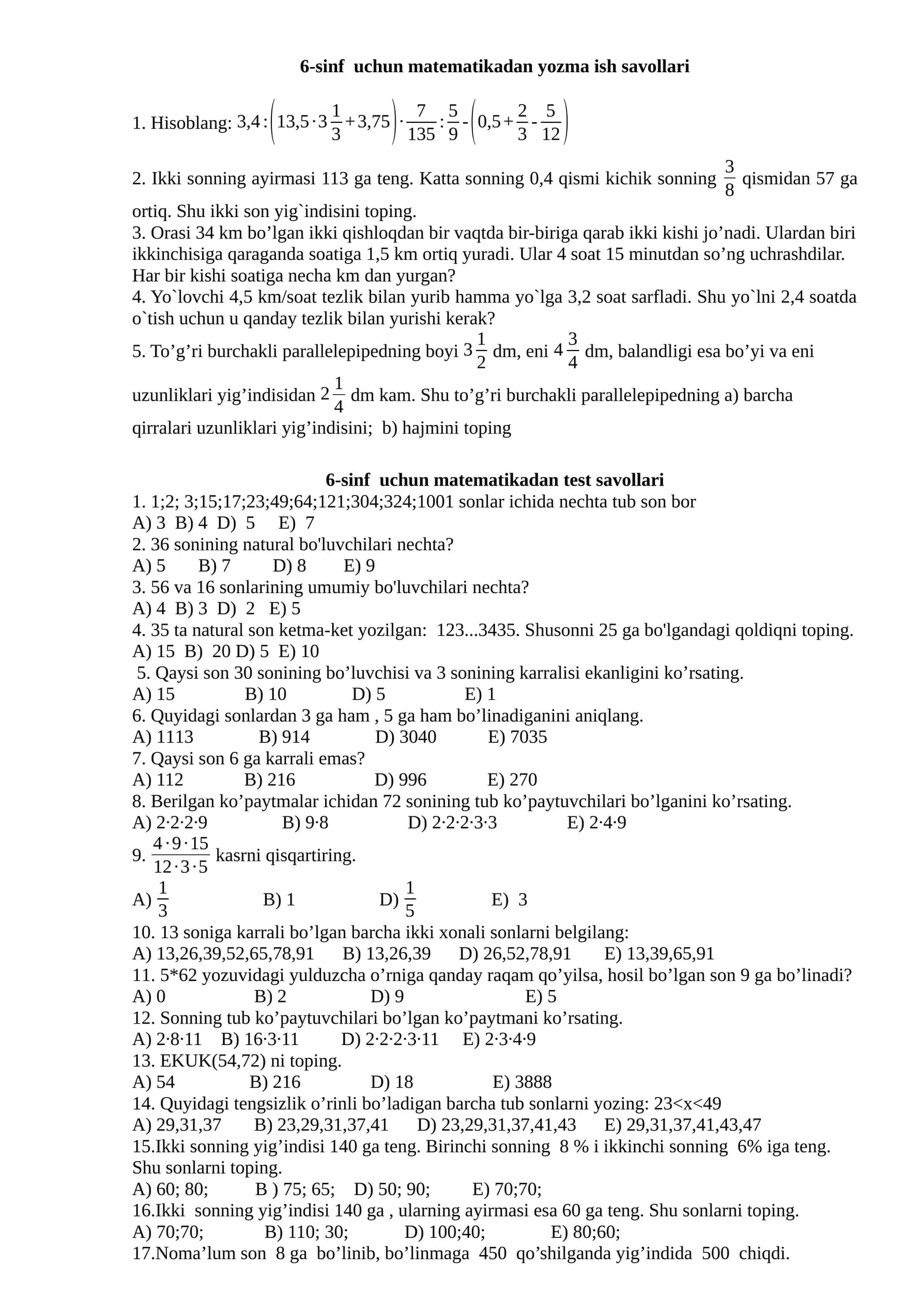 6-sinf uchun matematikadan yozma ish savollari