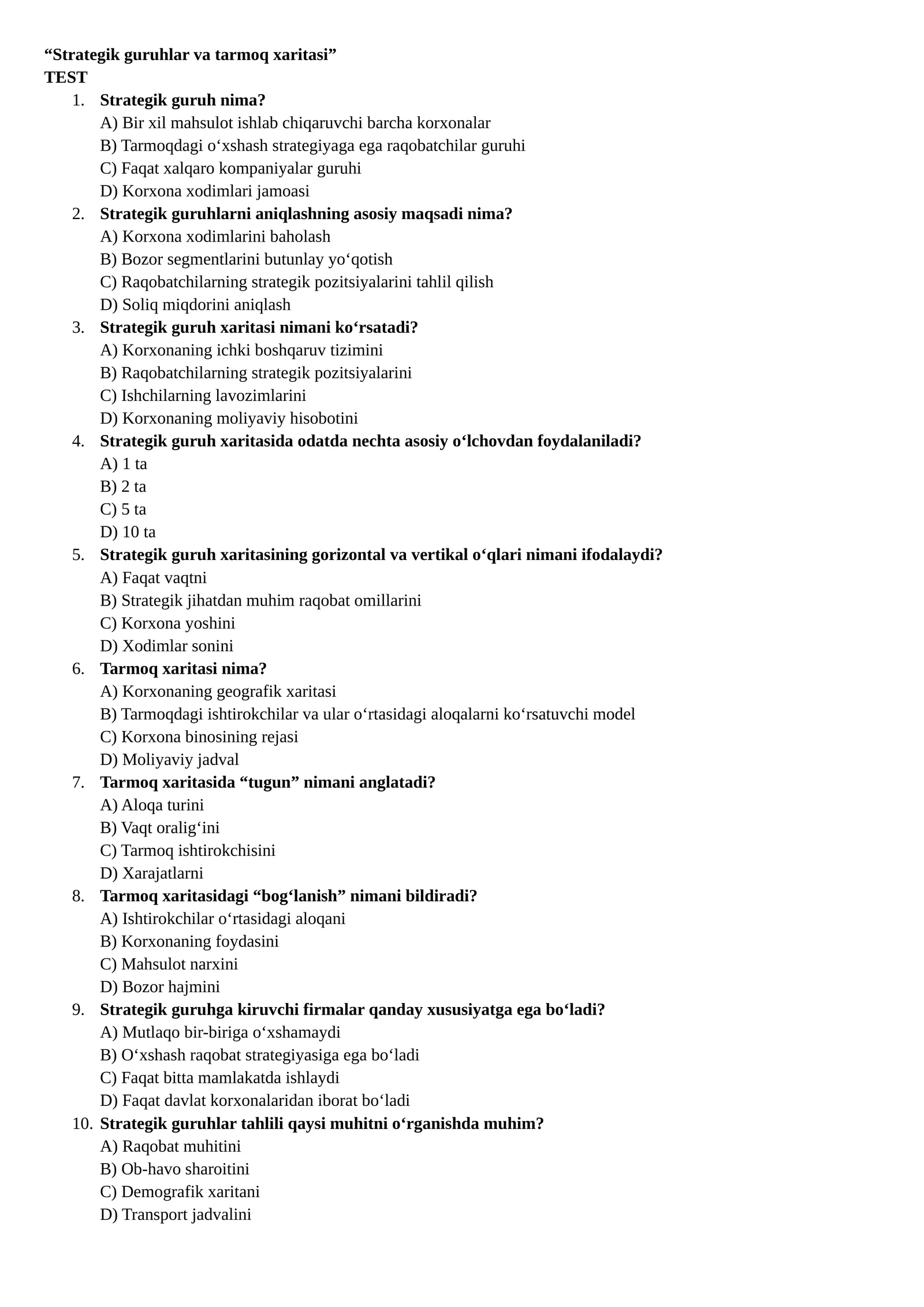 Strategik guruhlar va tarmoq xaritasi