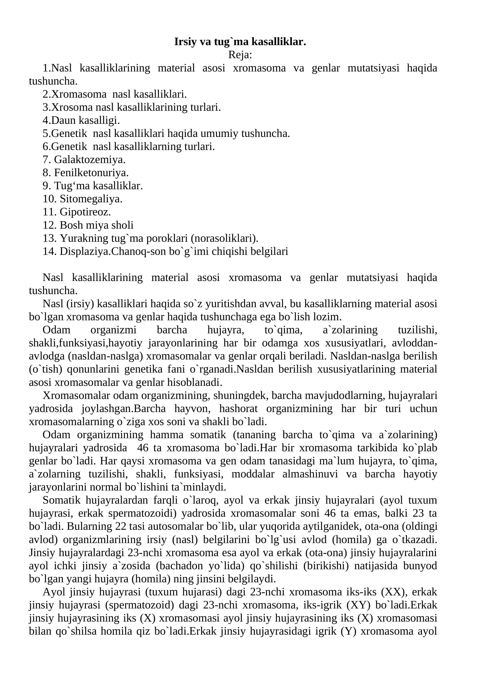 Irsiy va tug`ma kasalliklar