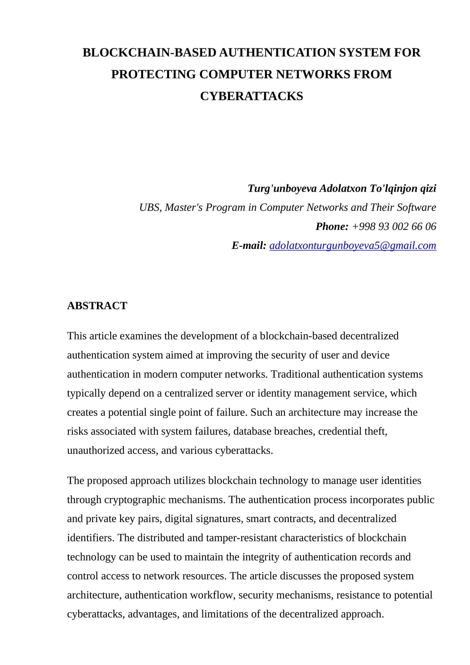 Blockchain-based Authentication System for Protecting Computer Networks from Cyberattacks