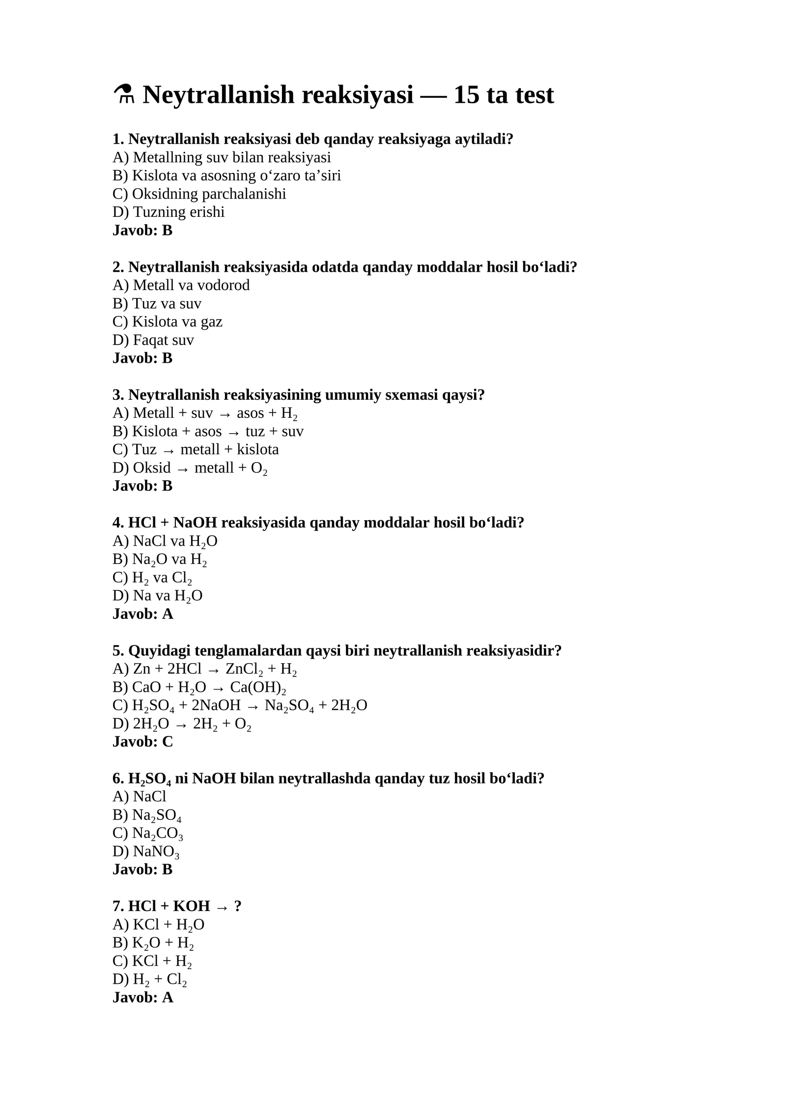 Neytrallanish reaksiyasi — 15 ta test