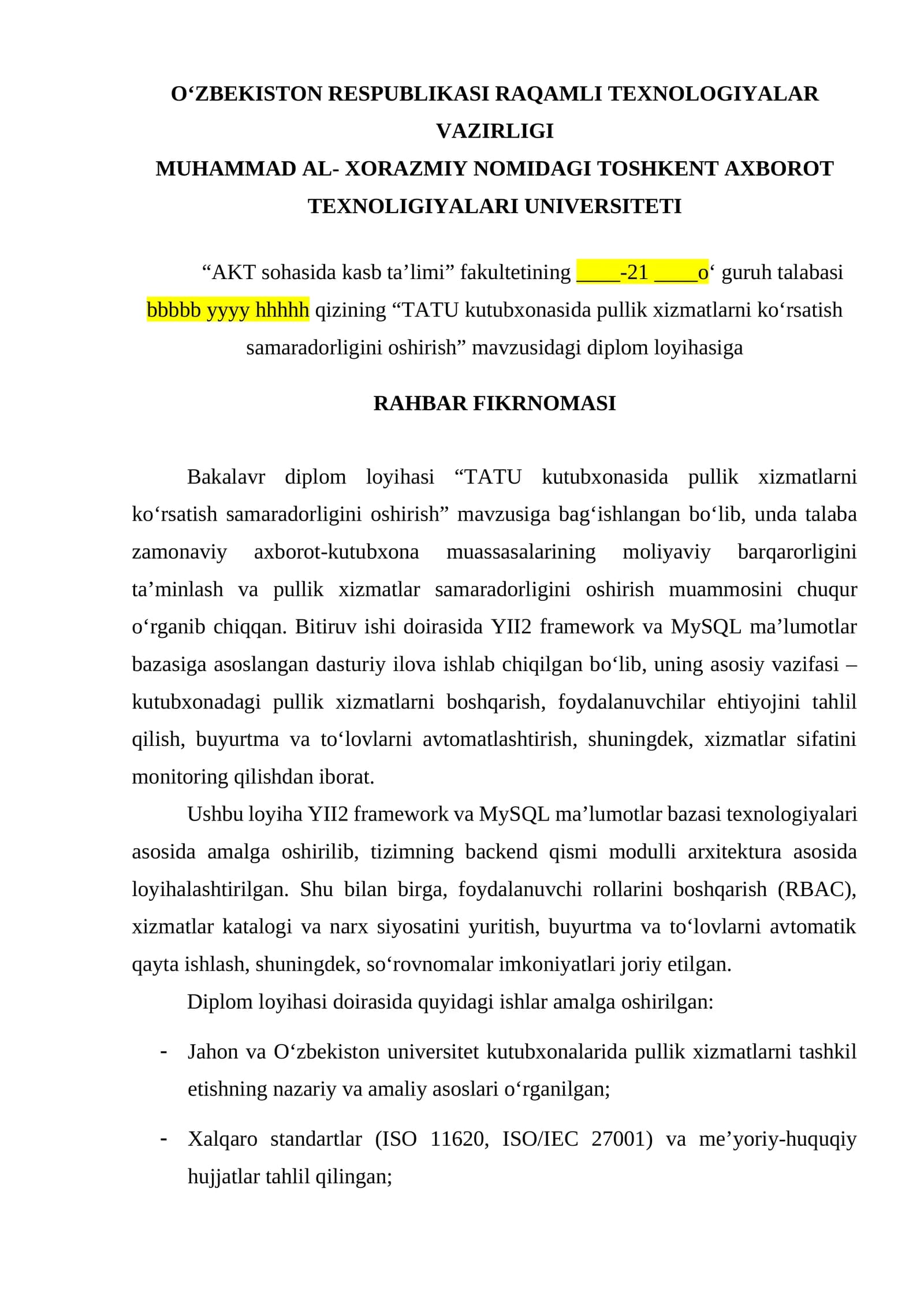 TATU kutubxonasida pullik xizmatlarni ko‘rsatish samaradorligini oshirish