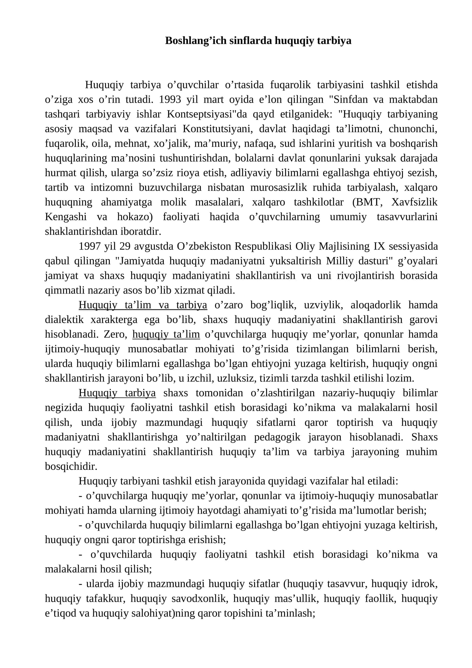 Boshlang’ich sinflarda huquqiy tarbiya