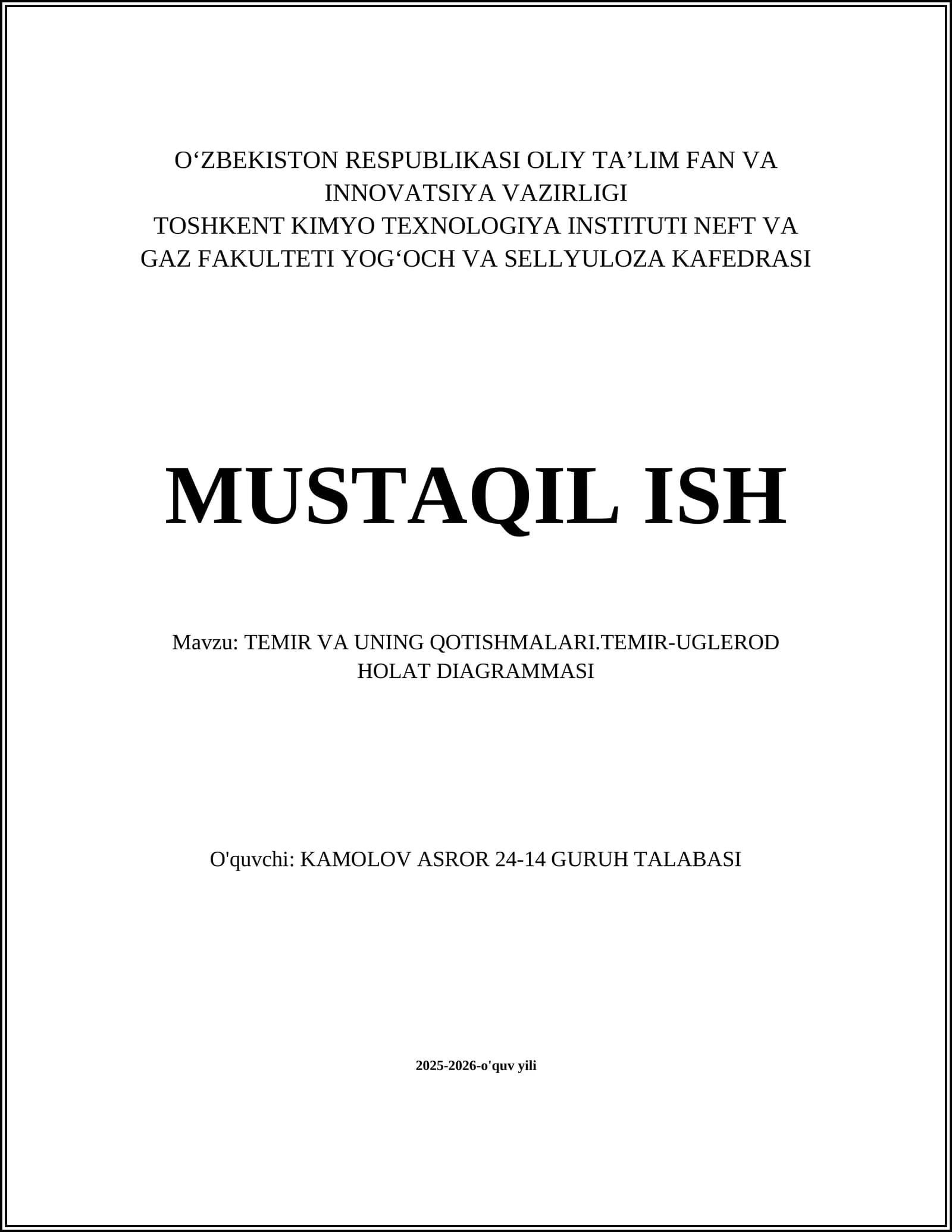 TEMIR VA UNING QOTISHMALARI.TEMIR-UGLEROD HOLAT DIAGRAMMASI