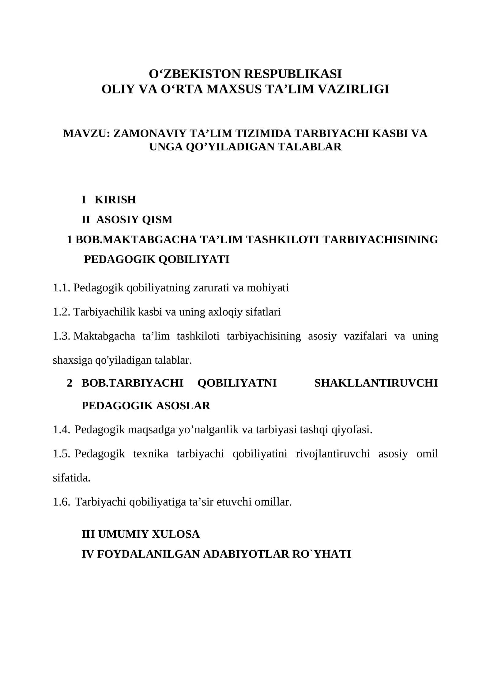 TARBIYACHI KASBI VA UNGA QO’YILADIGAN TALABLAR
