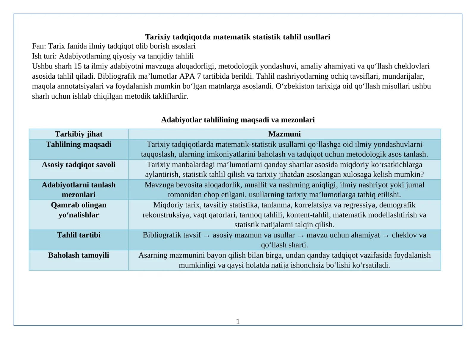 Tarixiy tadqiqotda matematik statistik tahlil usullari adabiyotlar tahlili