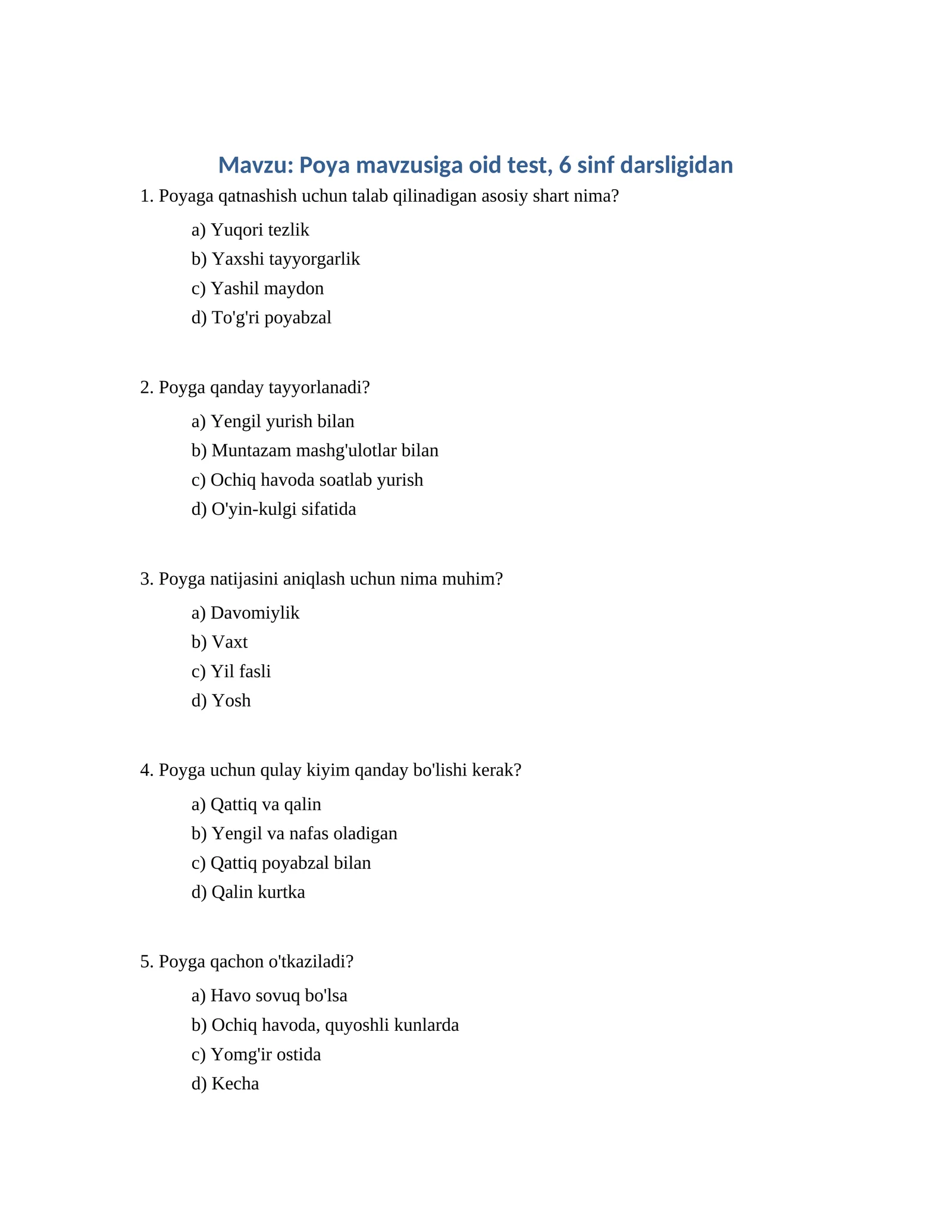 Poya mavzusiga oid test, 6 sinf darsligidan