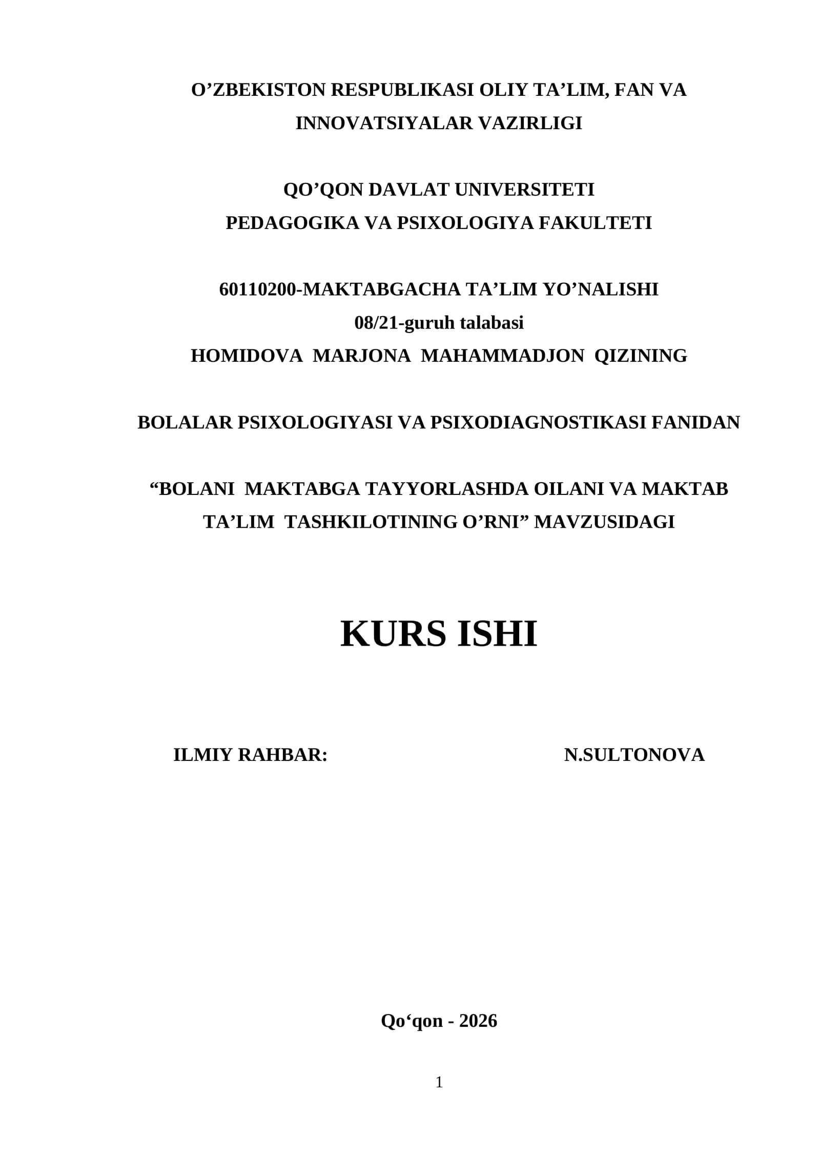 BOLALAR PSIXOLOGIYASI VA PSIXODIAGNOSTIKASI FANIDAN KURS ISHI