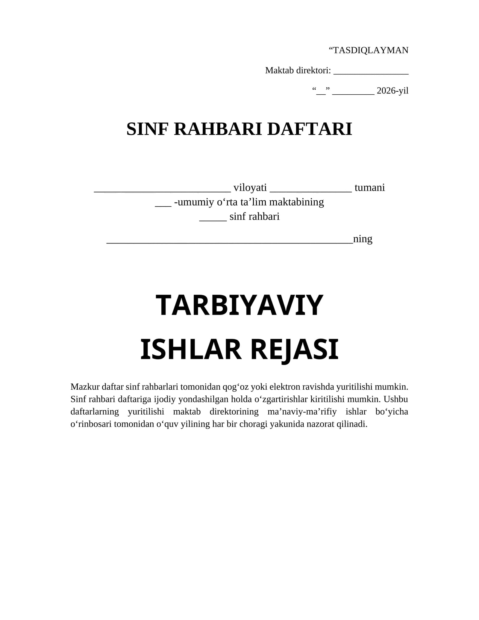 Sinf rahbari daftari va tarbiyaviy ishlar rejasi