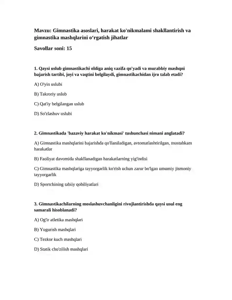 Gimnastika asoslari va harakat ko'nikmalari