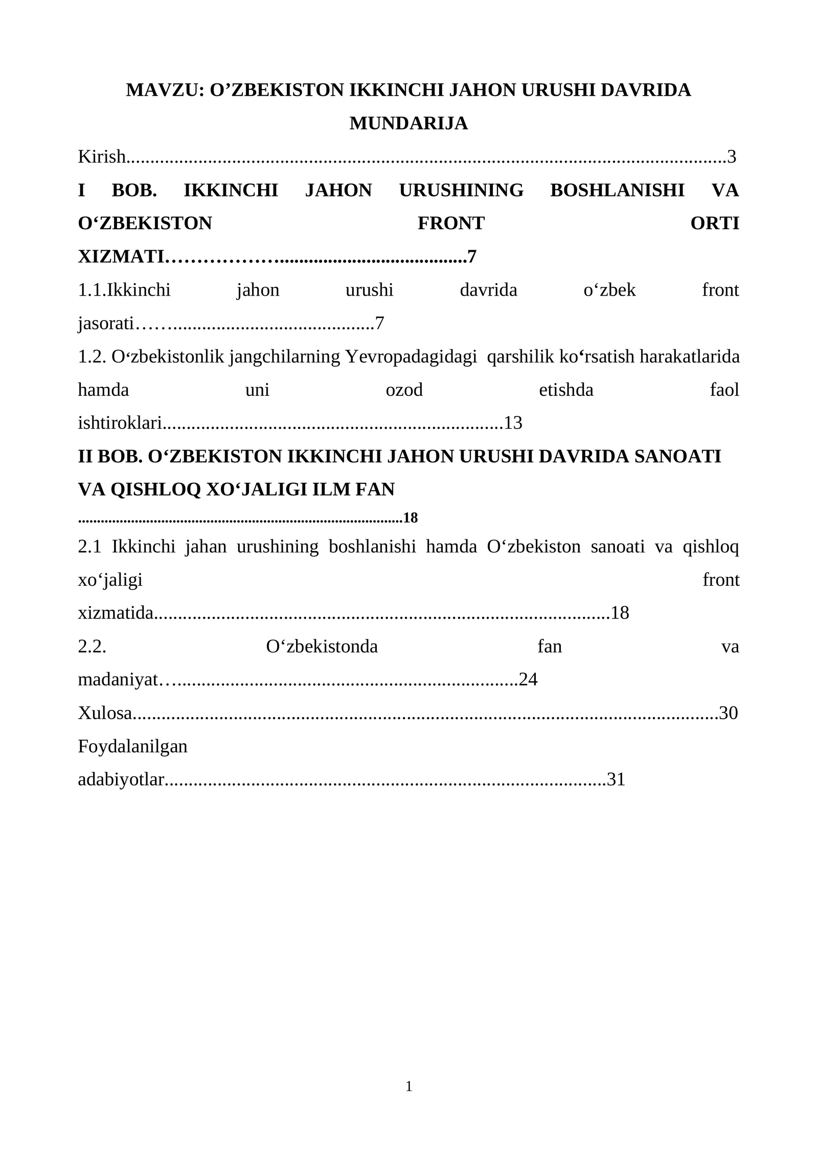 O’ZBEKISTON IKKINCHI JAHON URUSHI DAVRIDA